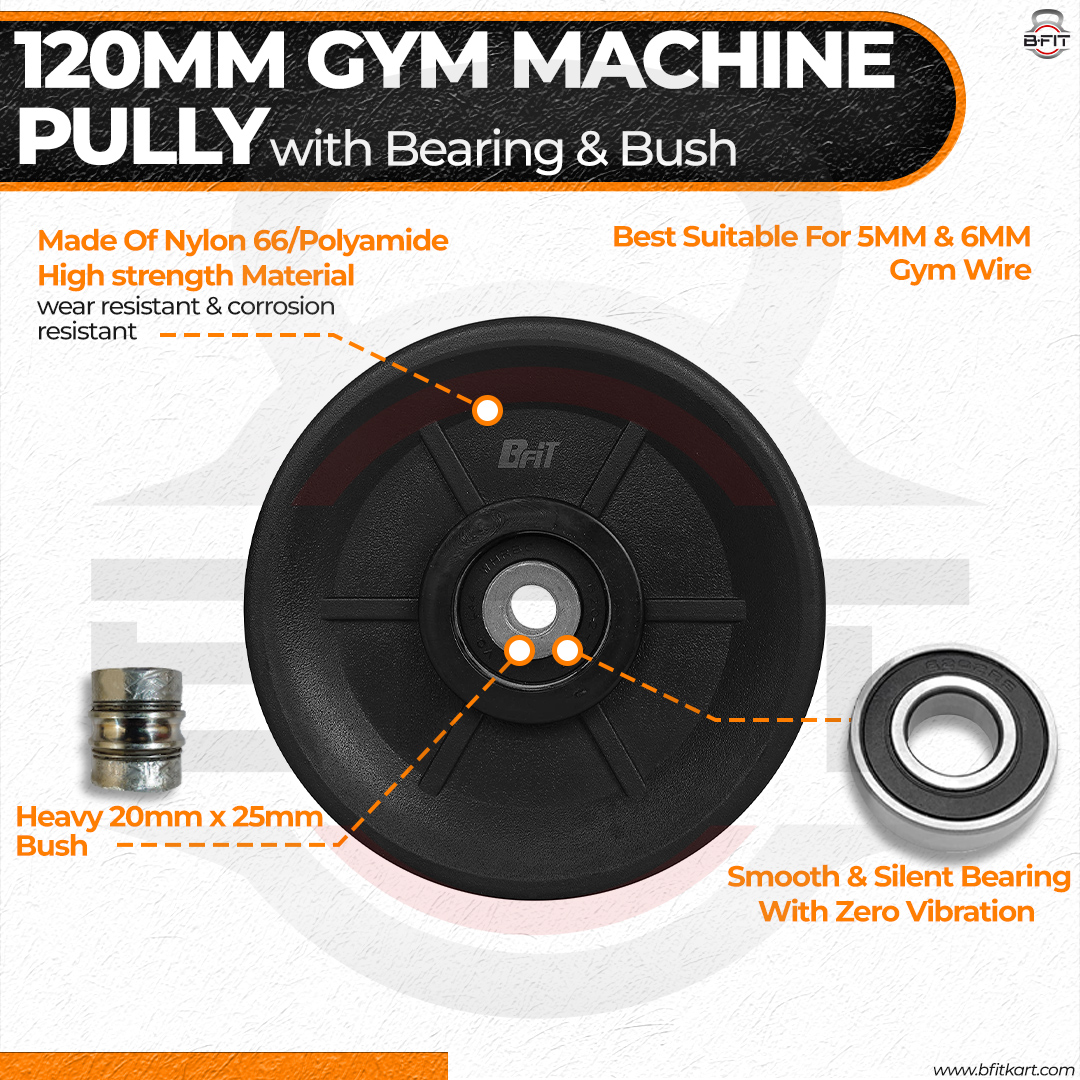 B Fit Gym Pulley 120 MM Black with inbuilt Bearing and Bush Wheel Cable Gym Fitness Equipment Part Set