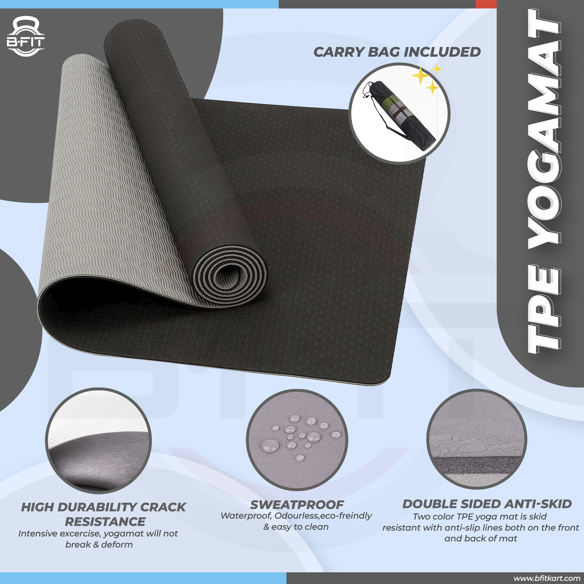 B Fit Premium TPE Yoga Mat Black Color - Classic 6 MM Pro Yoga Mat Eco Friendly Non Slip Fitness Exercise Mat with Smart Carry Bag-Workout Mat for Yoga Pilates and Floor Exercises