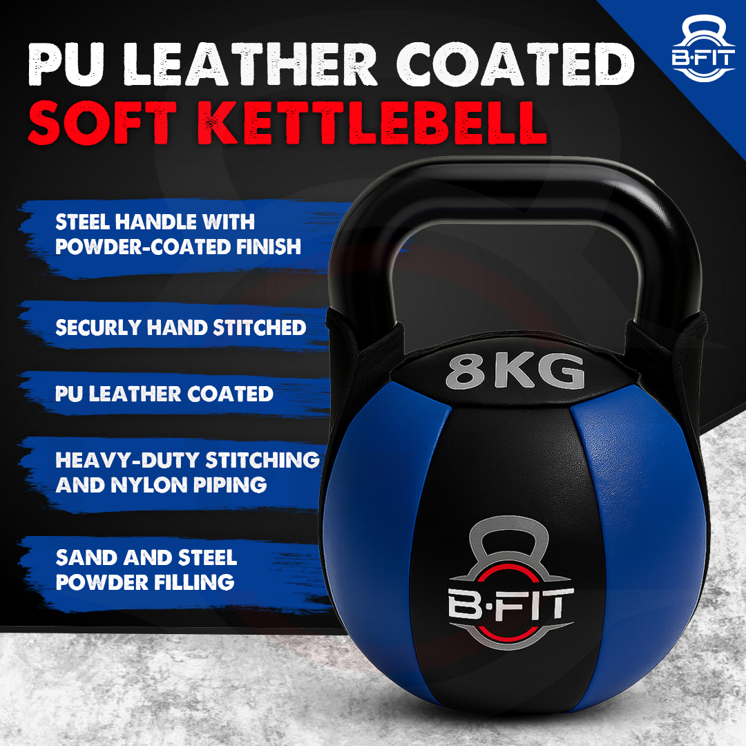 B Fit PU Leather Premium Soft Kettlebell 8 Kg with Handle for Weightlifting Conditioning Strength and core Training