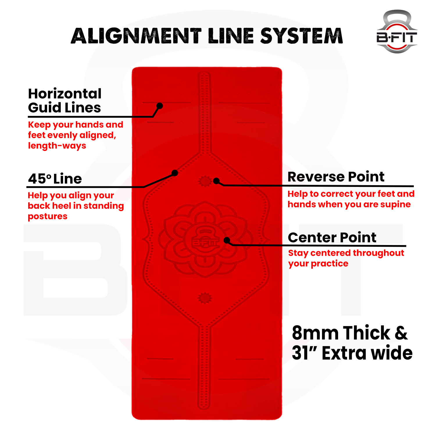 B Fit  Extra Wide 31x72 Inch 8 MM Thick Premium TPE Yoga Mat with Alignment Printed Red Black Color   - Classic Pro Yoga Mat Eco Friendly Non Slip Fitness Exercise Mat with Smart Carry Bag-Workout Mat for Yoga Pilates and Floor Exercises