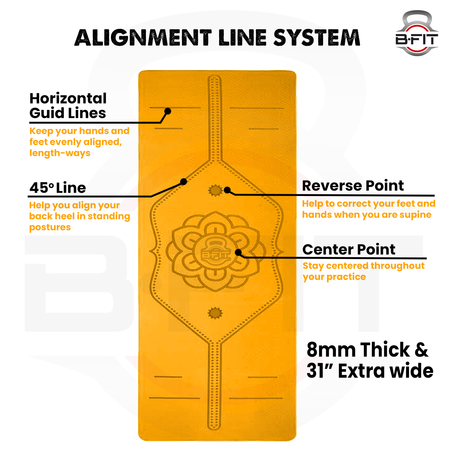 B Fit Extra Wide 31x72 Inch 8 MM Thick Premium TPE Yoga Mat with Alignment Printed Orange Black Color - Classic Pro Yoga Mat Eco Friendly Non Slip Fitness Exercise Mat with Smart Carry Bag-Workout Mat for Yoga Pilates and Floor Exercises