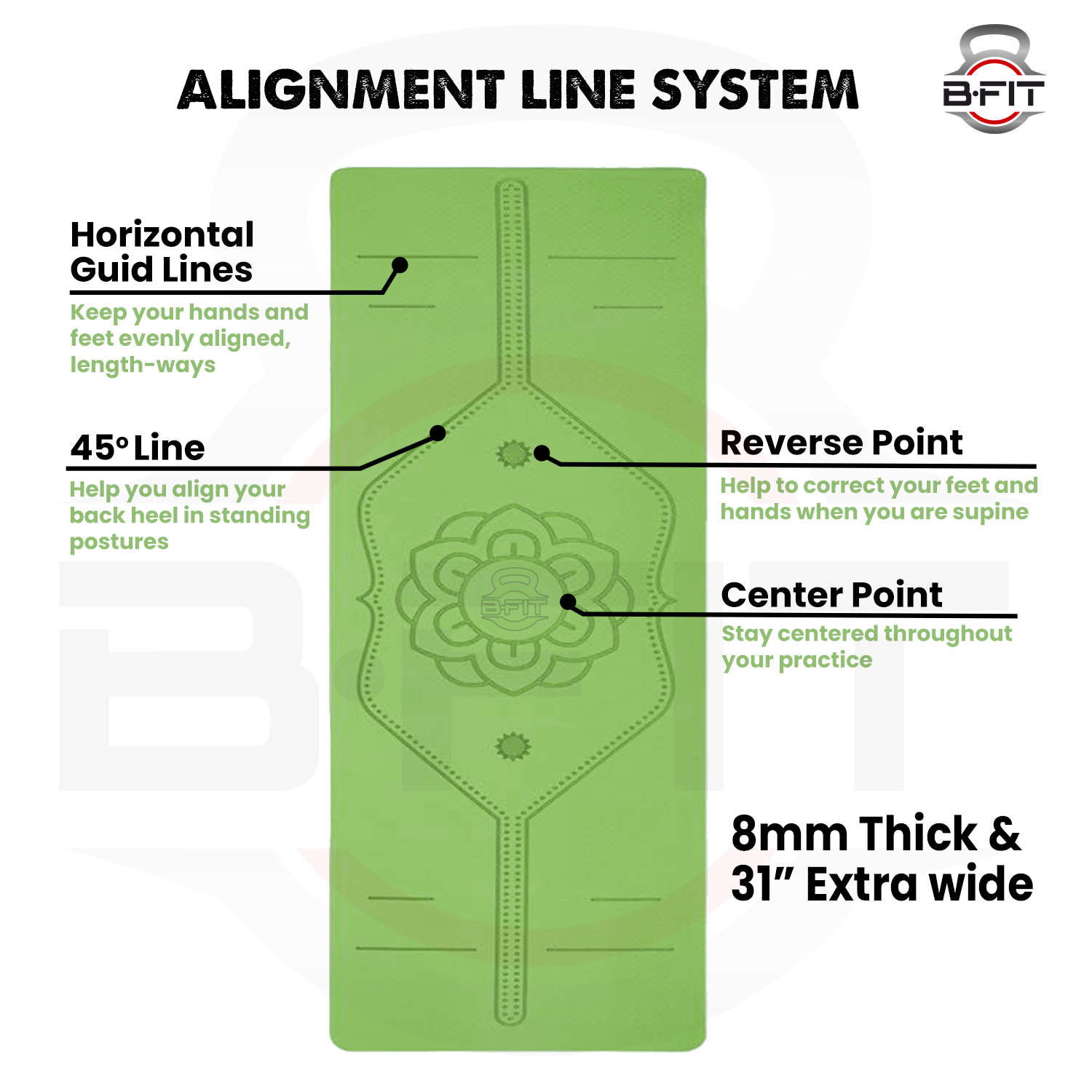 B Fit  Extra Wide 31x72 Inch 8 MM Thick Premium TPE Yoga Mat with Alignment Printed Green-Grey  Color   - Classic Pro Yoga Mat Eco Friendly Non Slip Fitness Exercise Mat with Smart Carry Bag-Workout Mat for Yoga Pilates and Floor Exercises