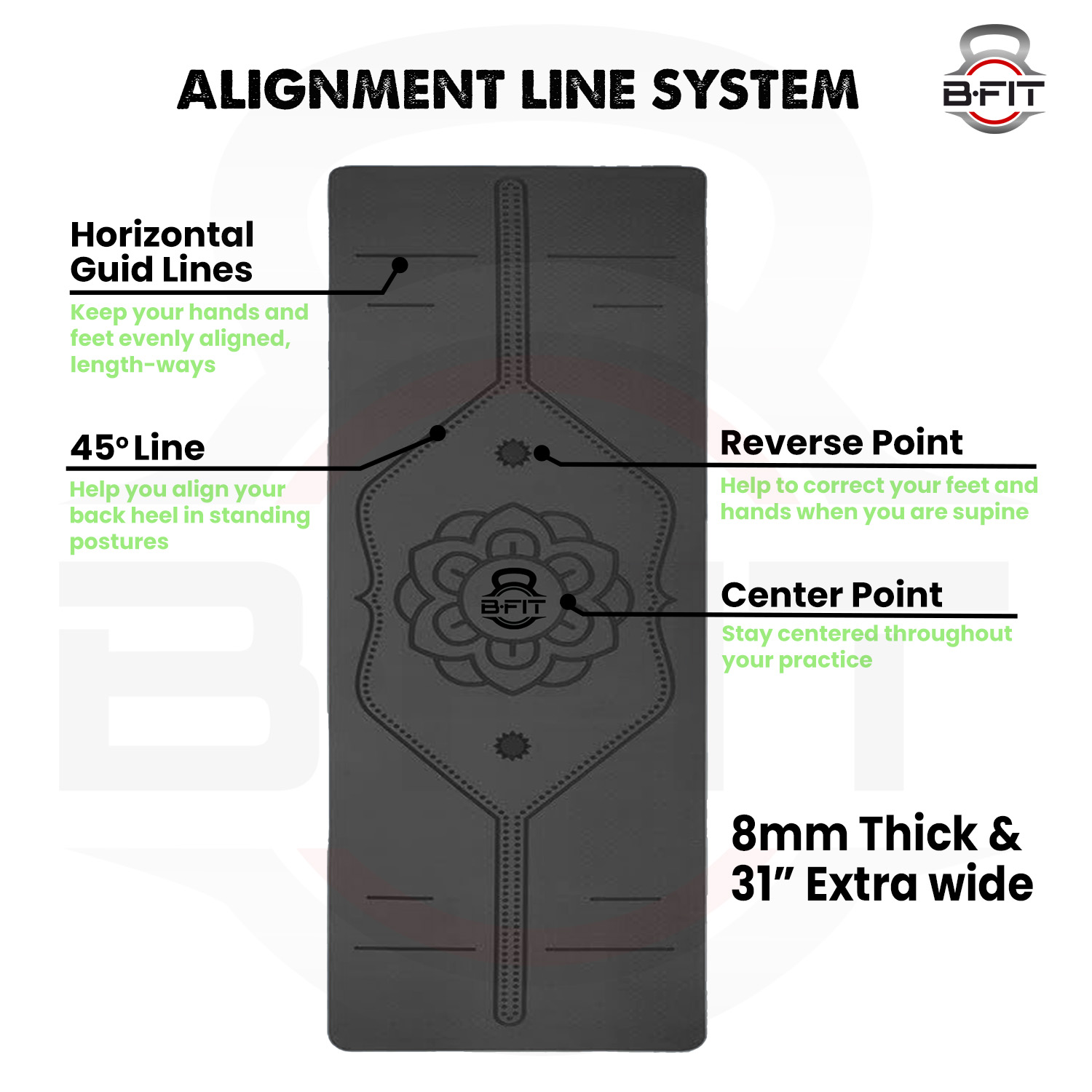 B Fit  Extra Wide 31x72 Inch 8 MM Thick Premium TPE Yoga Mat with Alignment Printed Green-Black  Color   - Classic Pro Yoga Mat Eco Friendly Non Slip Fitness Exercise Mat with Smart Carry Bag-Workout Mat for Yoga Pilates and Floor Exercises