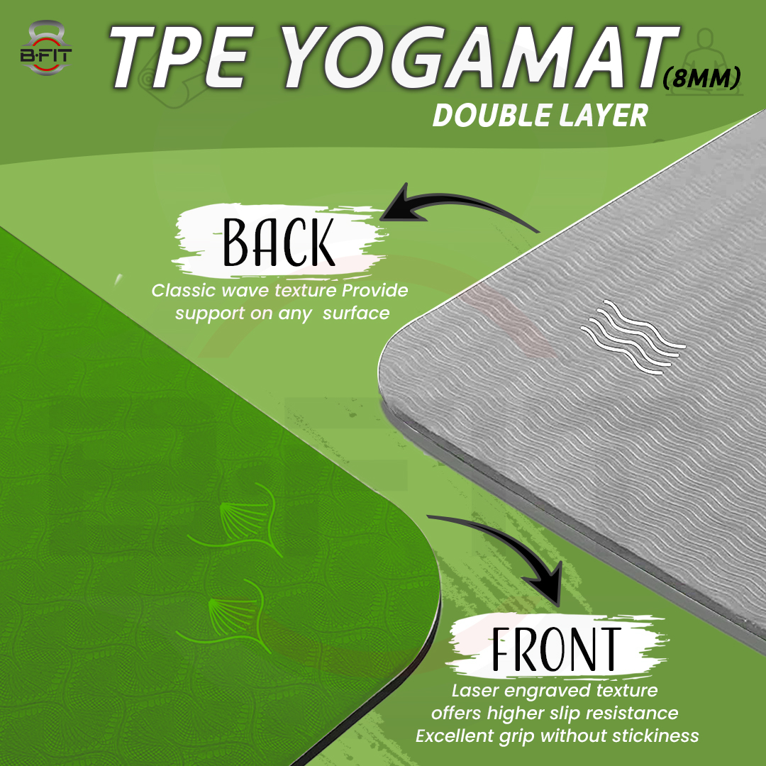 B Fit Extra Wide 31x72 Inch 8 MM Thick Premium TPE Yoga Mat with Alignment Printed Green-Black Color - Classic Pro Yoga Mat Eco Friendly Non Slip Fitness Exercise Mat with Smart Carry Bag-Workout Mat for Yoga Pilates and Floor Exercises