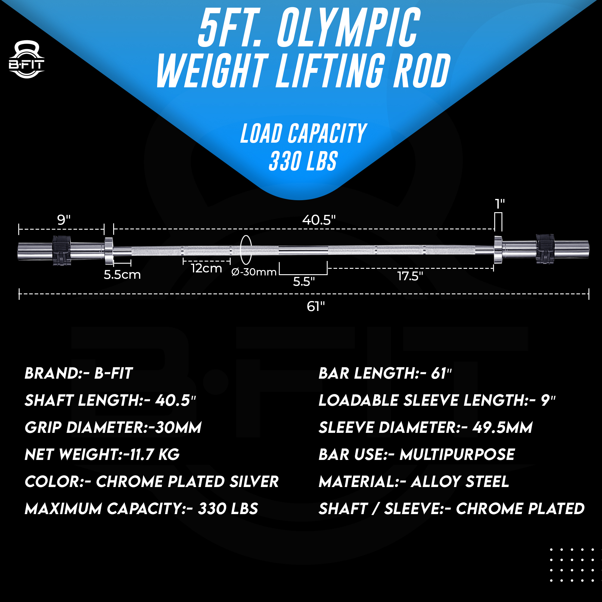 B Fit Olympic Barbell Bar 5-Feet for Weightlifting Power lifting with 2 Olympic Premium Collar Pair