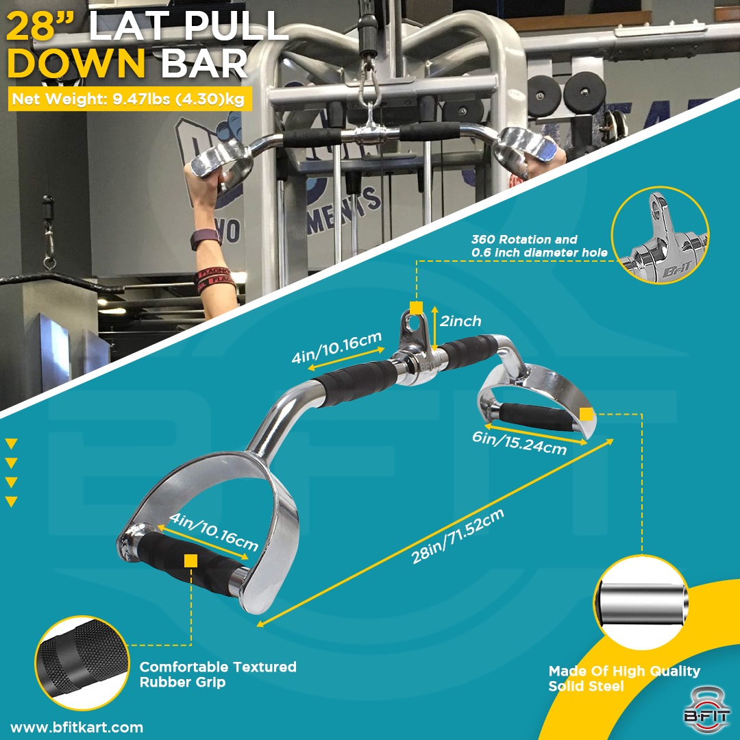 B fit Pro-Grip Solid Steel LAT Bar 28 Inch Cable Attachment Universal Attachment for Cable Machines