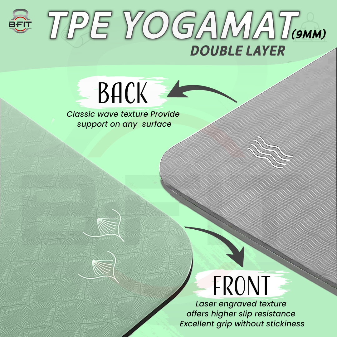 B Fit Extra Wide 36x72 Inch 9 MM Thick Premium TPE Yoga Mat with Alignment Printed Green-Black Color - Classic Pro Yoga Mat Eco Friendly Non Slip Fitness Exercise Mat with Smart Carry Bag-Workout Mat for Yoga Pilates and Floor Exercises