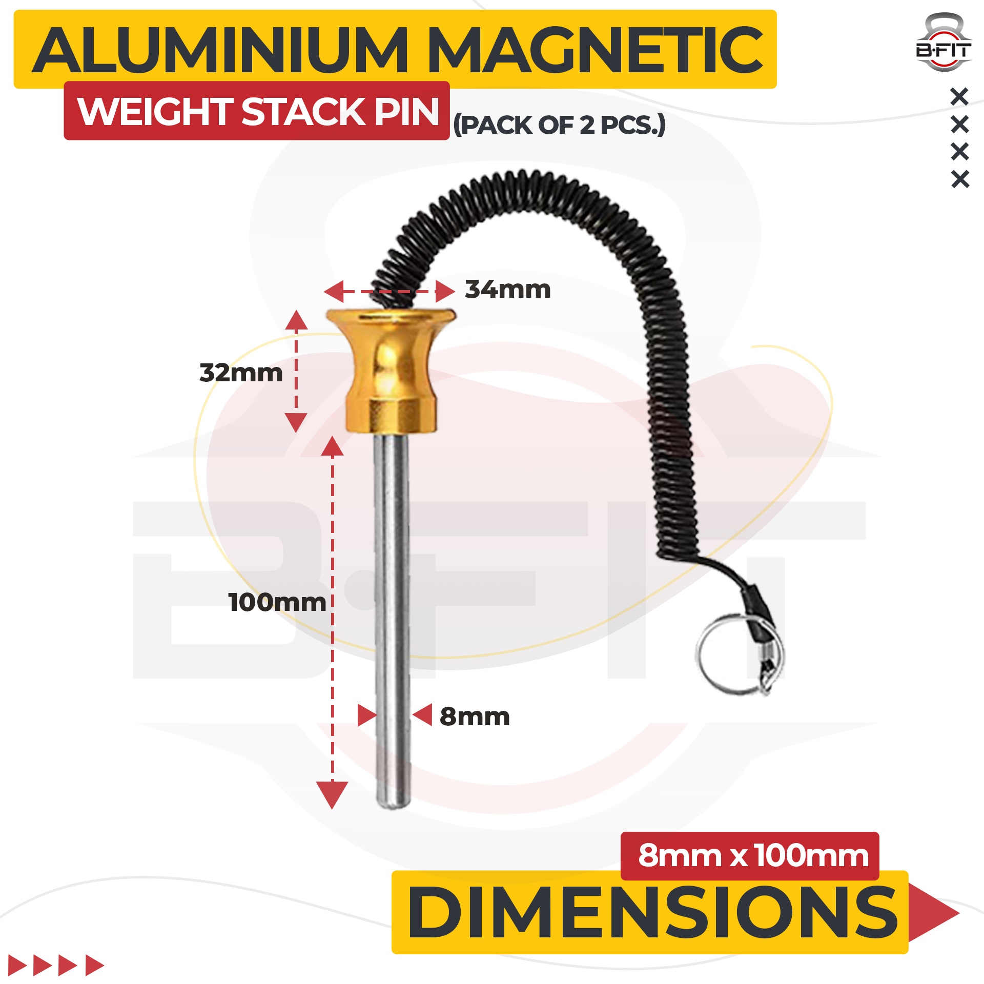 B FIT Pack of 2 Pin Tensile - Magnetic Universal Weight Stack Replacement SELECTOR Key - Size Dia 8 MM 100 MM Locking Space