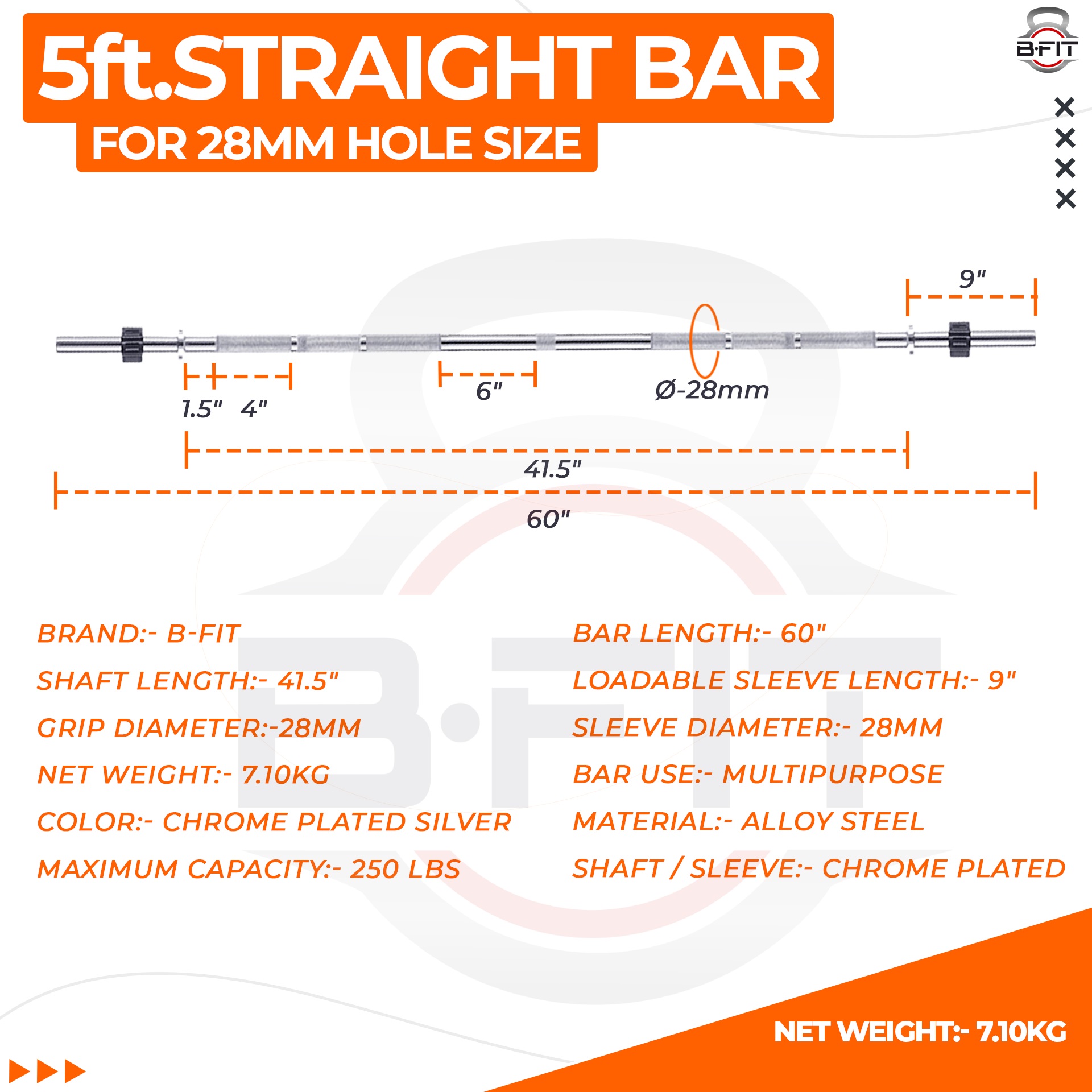 B Fit Weight Lifting Bar 5 Feet Dia 28 MM with Premium Collar pair