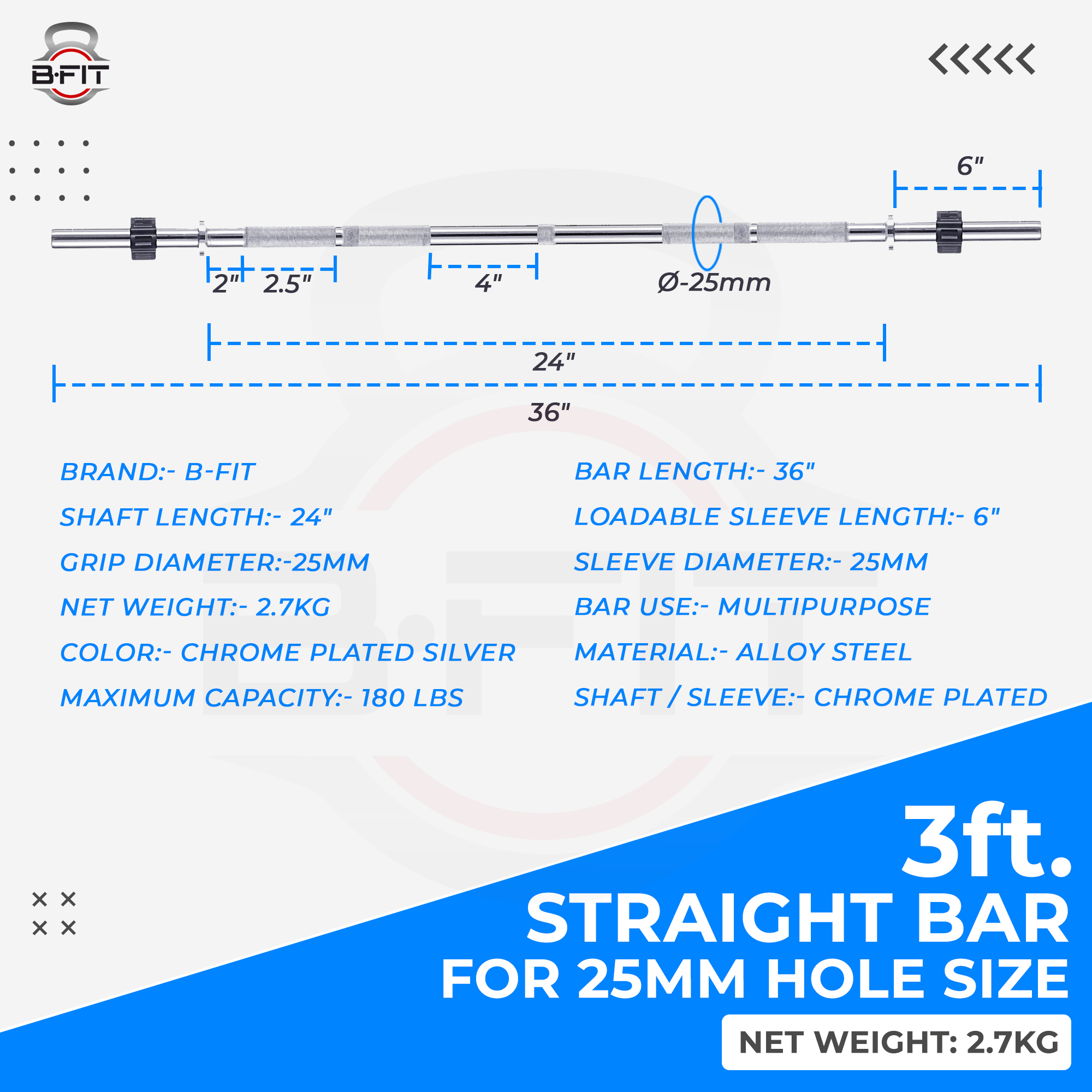 B Fit Weight Lifting Bar 3 Feet Dia 25 MM with Premium Collar pair