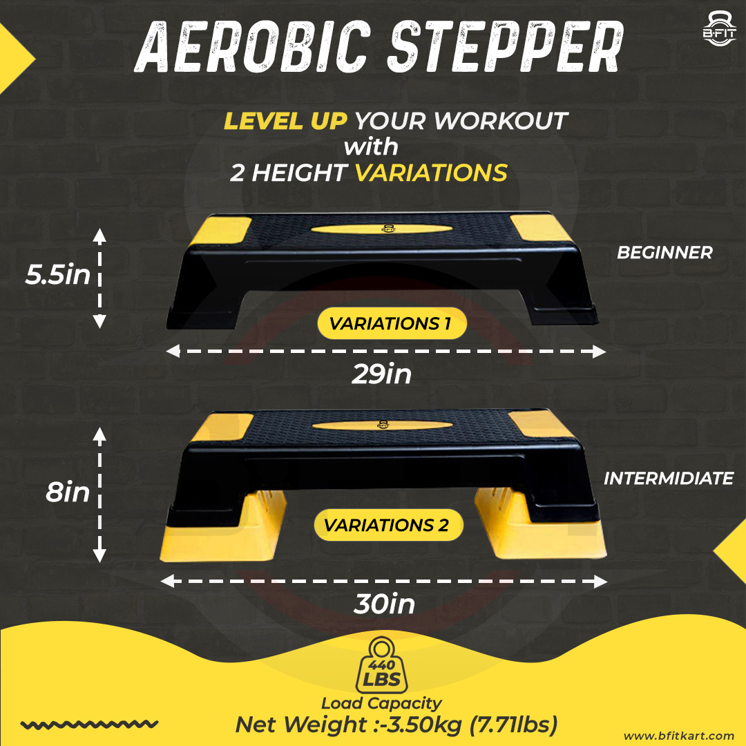 B Fit Big Size Aerobic Step - 2 Levels Height Adjustable 68 inch Color Yellow and Black Non Slip Rubber Surface 200 kg Max - Fitness Stepper Board