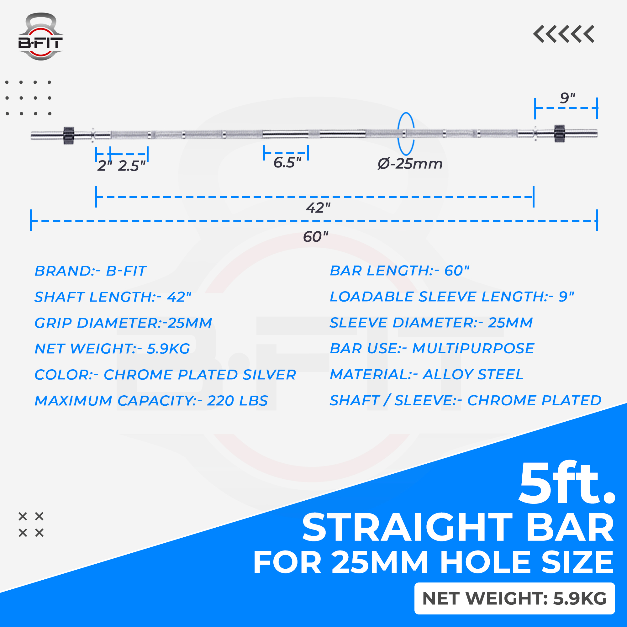 B Fit Weight Lifting Bar 5 Feet Dia 25 MM with Premium Collar pair