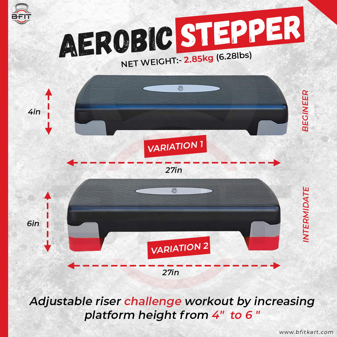 B fit Aerobic Stepper Exercise Step with Adjustable Riser Height and Non Slip Textured Surface Platform Fitness Equipment Workout Deck