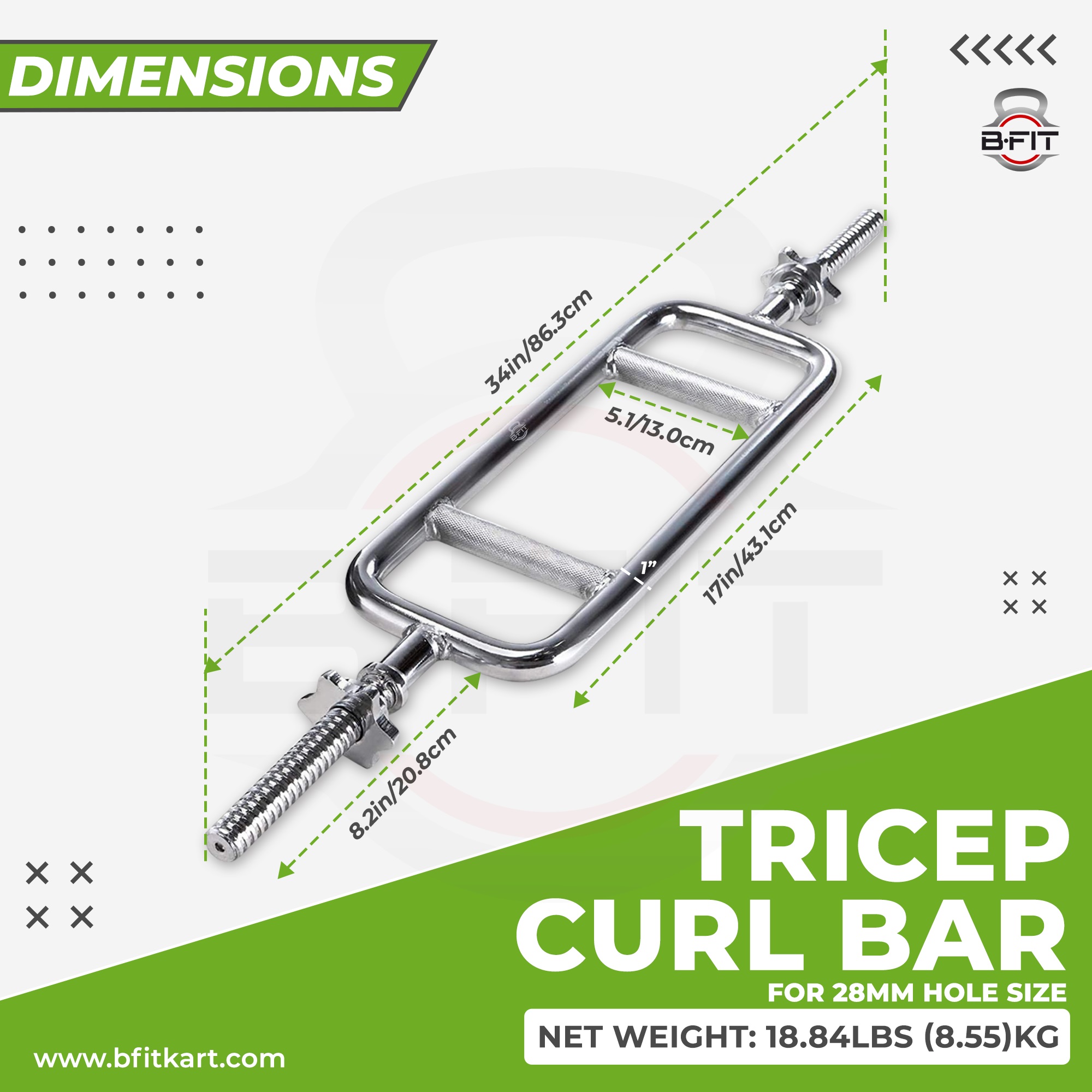 B fit 34 Barbell Triceps Curl Bar Standard Threaded Triceps Bar Non Slip 28 MM With Ring Collars