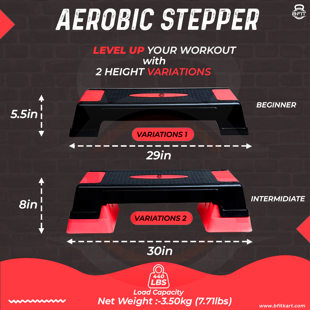 B Fit Big Size Aerobic Step - 2 Levels Height Adjustable 68 inch Color Red and Black Non Slip Rubber Surface 200 kg Max - Fitness Stepper Board