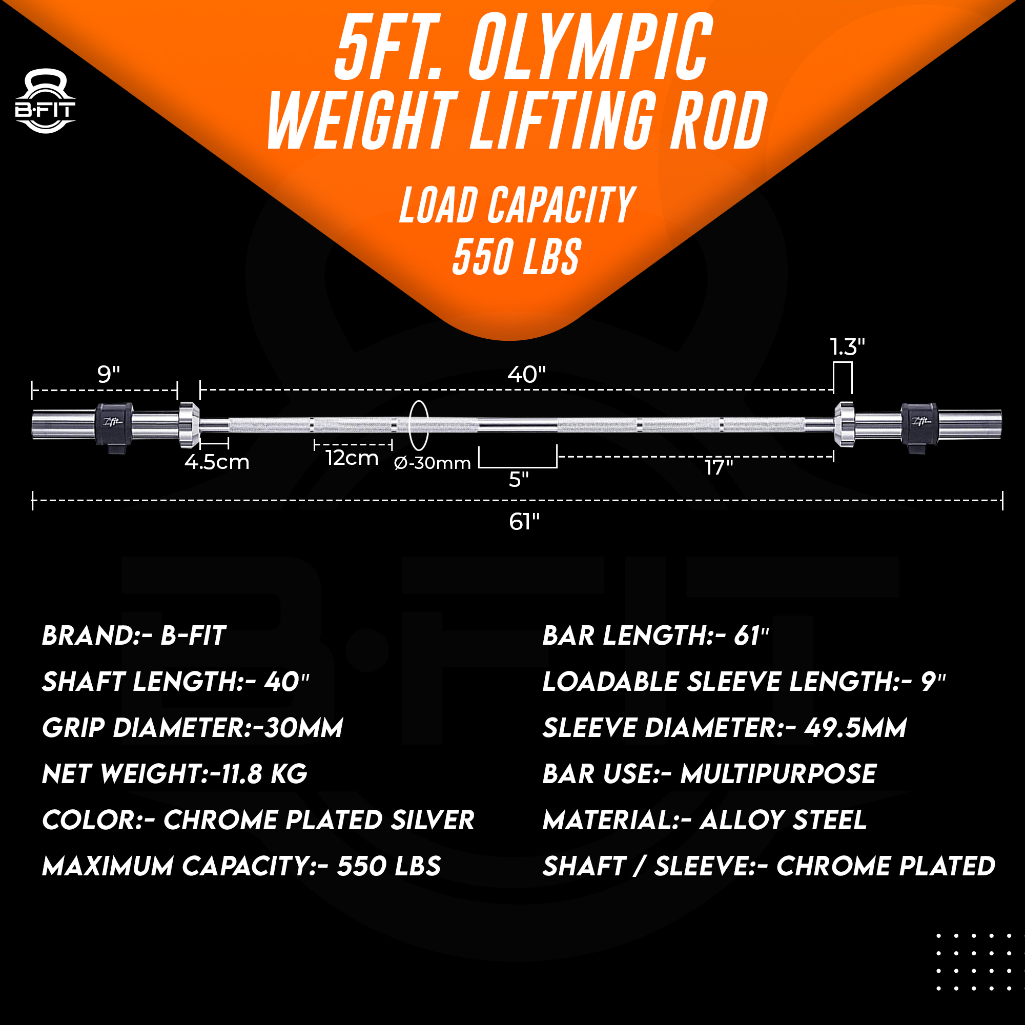 B Fit Olympic Barbell Bar 5-Feet Super Heavy for Weightlifting Power lifting with 2 Olympic Premium Collar Pair