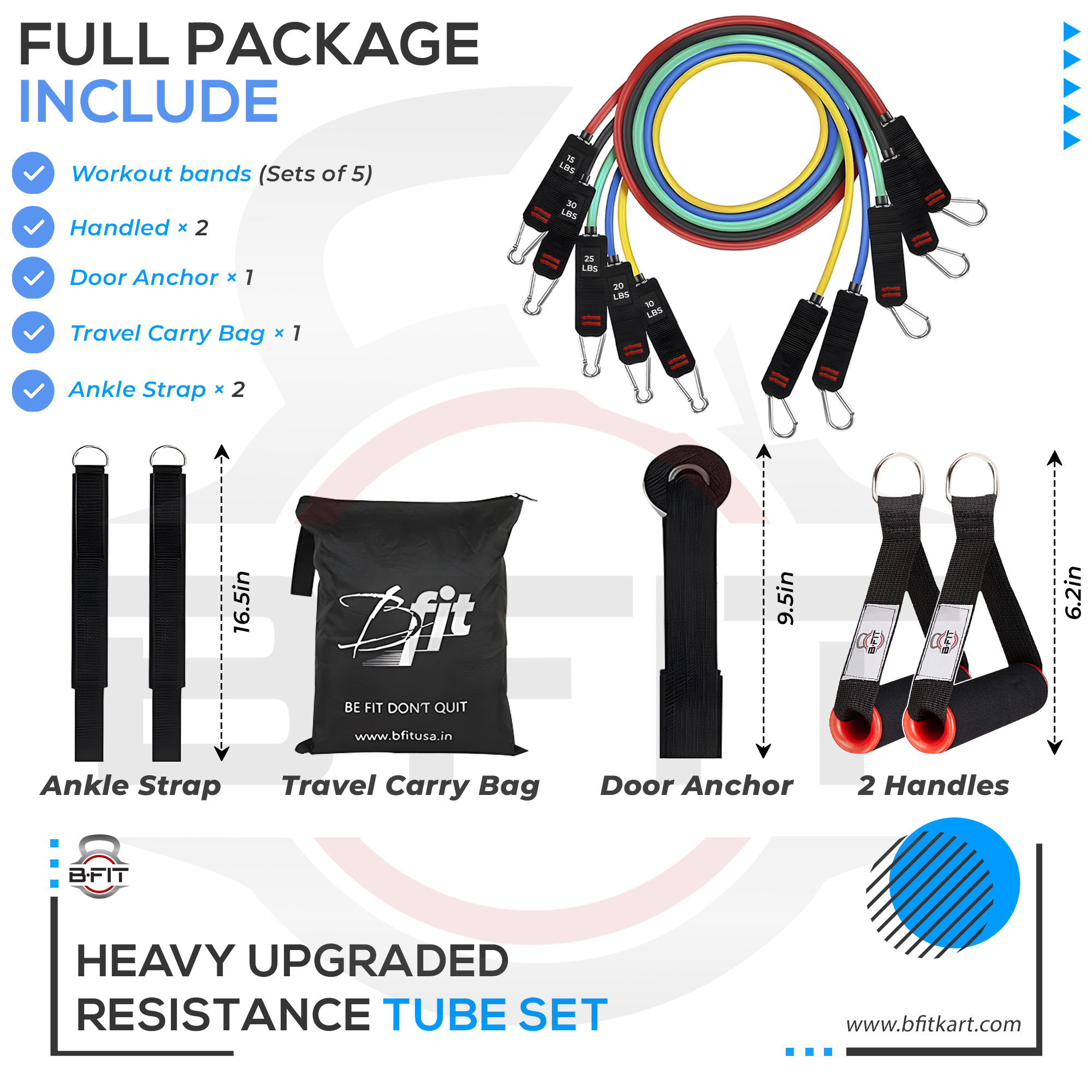 B Fit Professional Level 11 Pcs Resistance Band Set with 5 Bands 1 Anchor 2 Handles 2 Ankle Straps and one Smart Carry Bag- Workouts for Heavy use