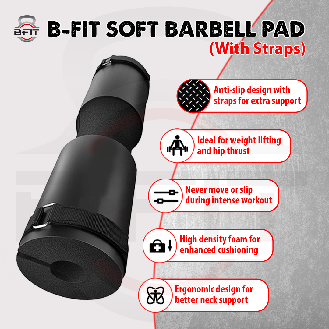 B Fit Barbell Squat Pad with Strap - Neck  Shoulder Protective Pad - Great for Squats Lunges Hip Thrusts Weight Lifting  More - Fit Standard and Olympic Bars Perfectly