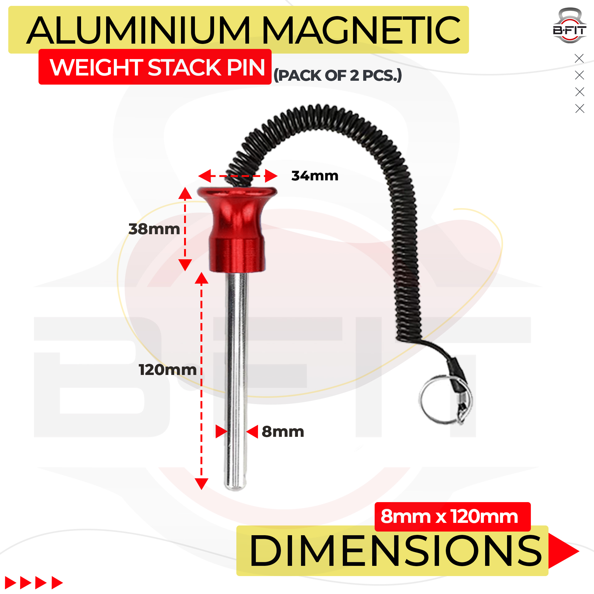 B FIT Pack of 2 Pin Tensile - Magnetic Universal Weight Stack Replacement SELECTOR Key - Size Dia 8 MM 120 MM Locking Space