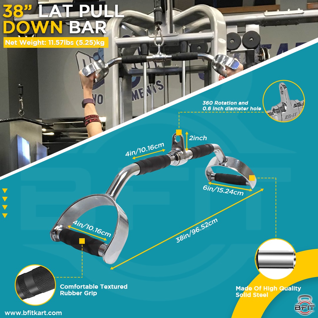 B fit Pro-Grip Solid Steel LAT Bar 38 Inch Cable Attachment Universal Attachment for Cable Machines