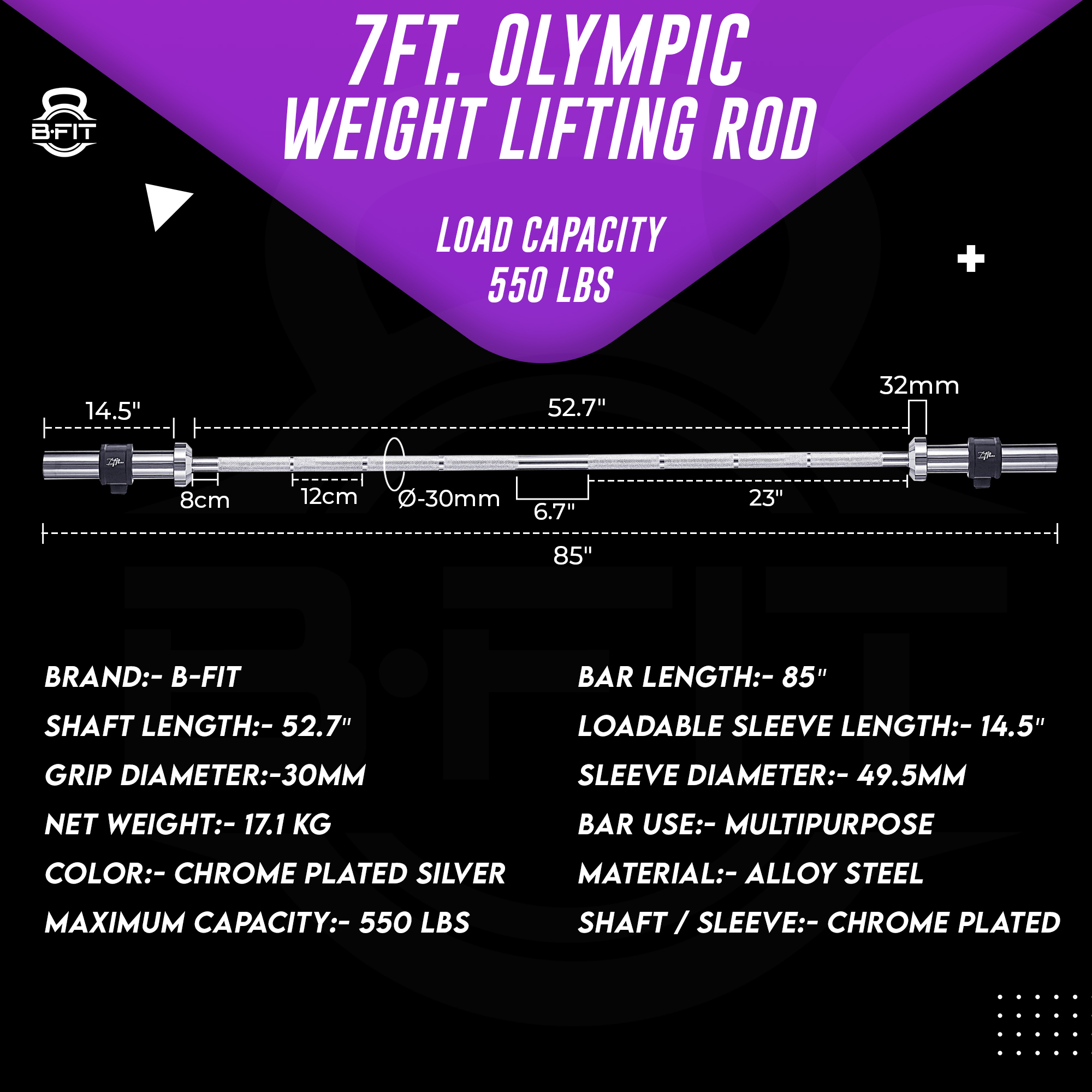 B Fit Olympic Barbell Bar 7-Feet Super Heavy for Weightlifting Power lifting with 2 Olympic Premium Collar Pair