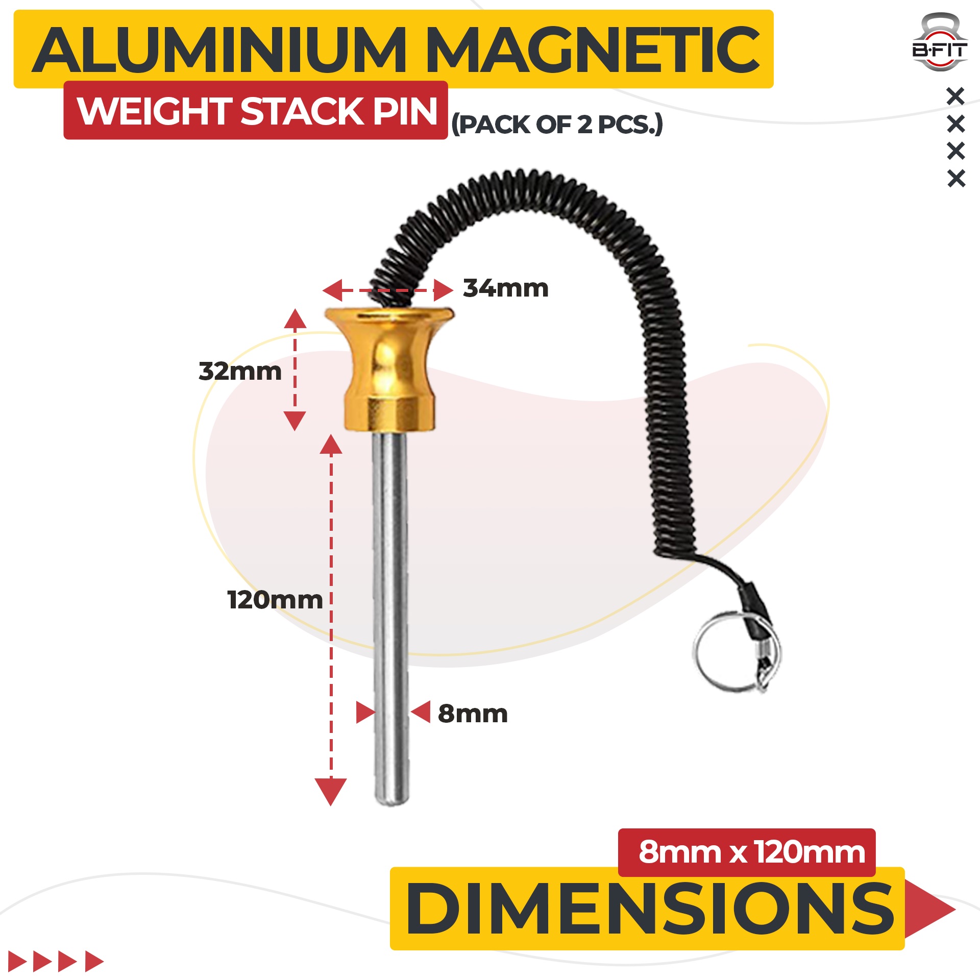 B FIT Pack of 2 Pin Tensile - Magnetic Universal Weight Stack Replacement SELECTOR Key - Size Dia 8 MM 120 MM Locking Space