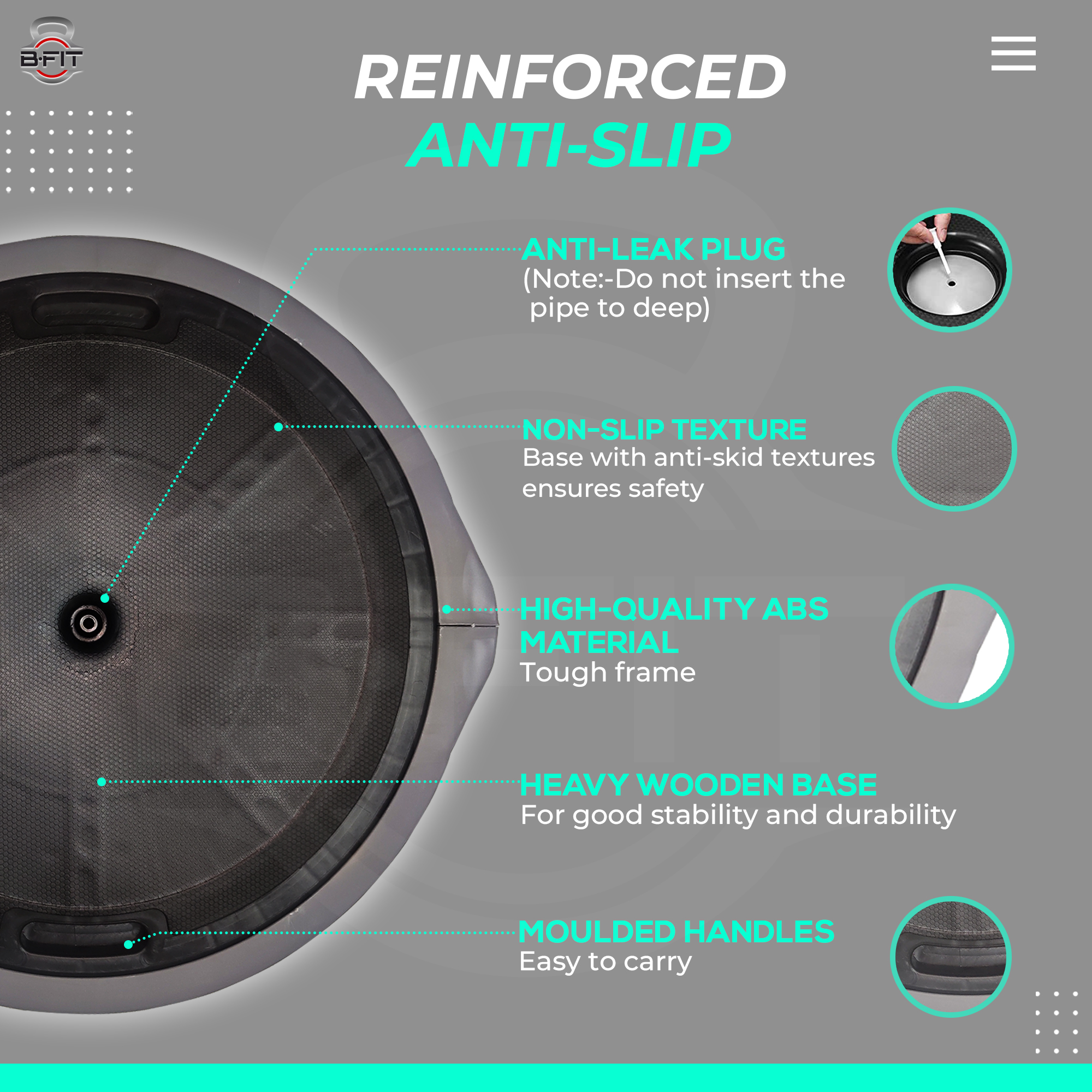 B FIT Balance Trainer Stability Half Ball Bosu Ball Black Color with Pump size 65 Cm