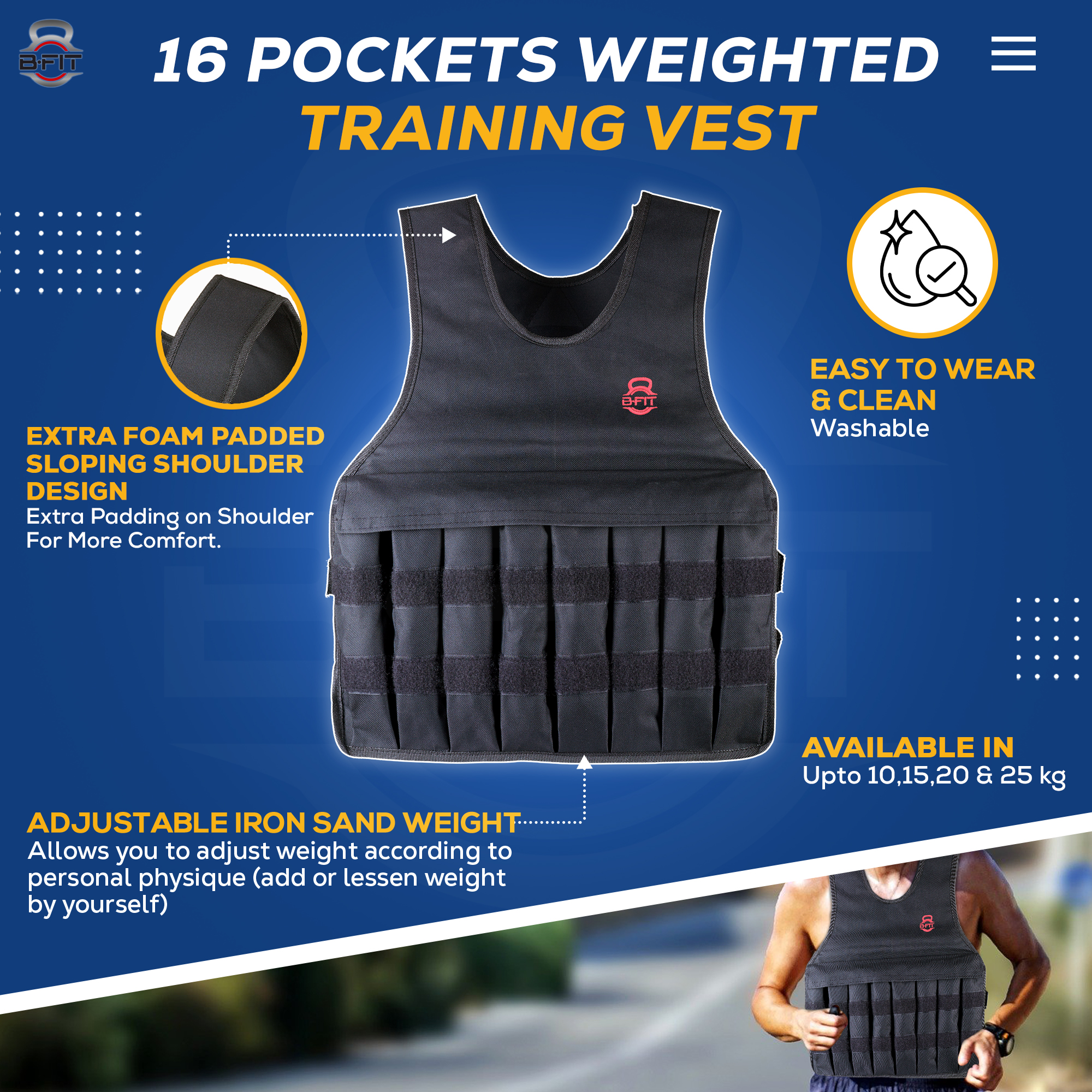 B Fit Weighted Vest Adjustable Weight 10-25 Kg for Workout Strength Training Running Fitness Muscle Building Weight Loss Weightlifting