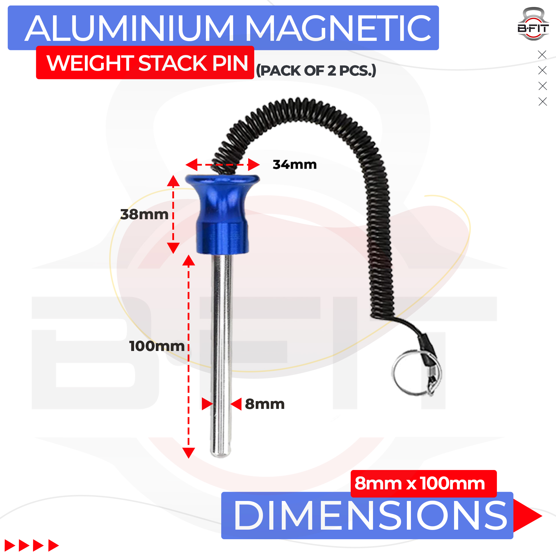 B FIT Pack of 2 Pin Tensile - Magnetic Universal Weight Stack Replacement SELECTOR Key - Size Dia 8 MM 100 MM Locking Space