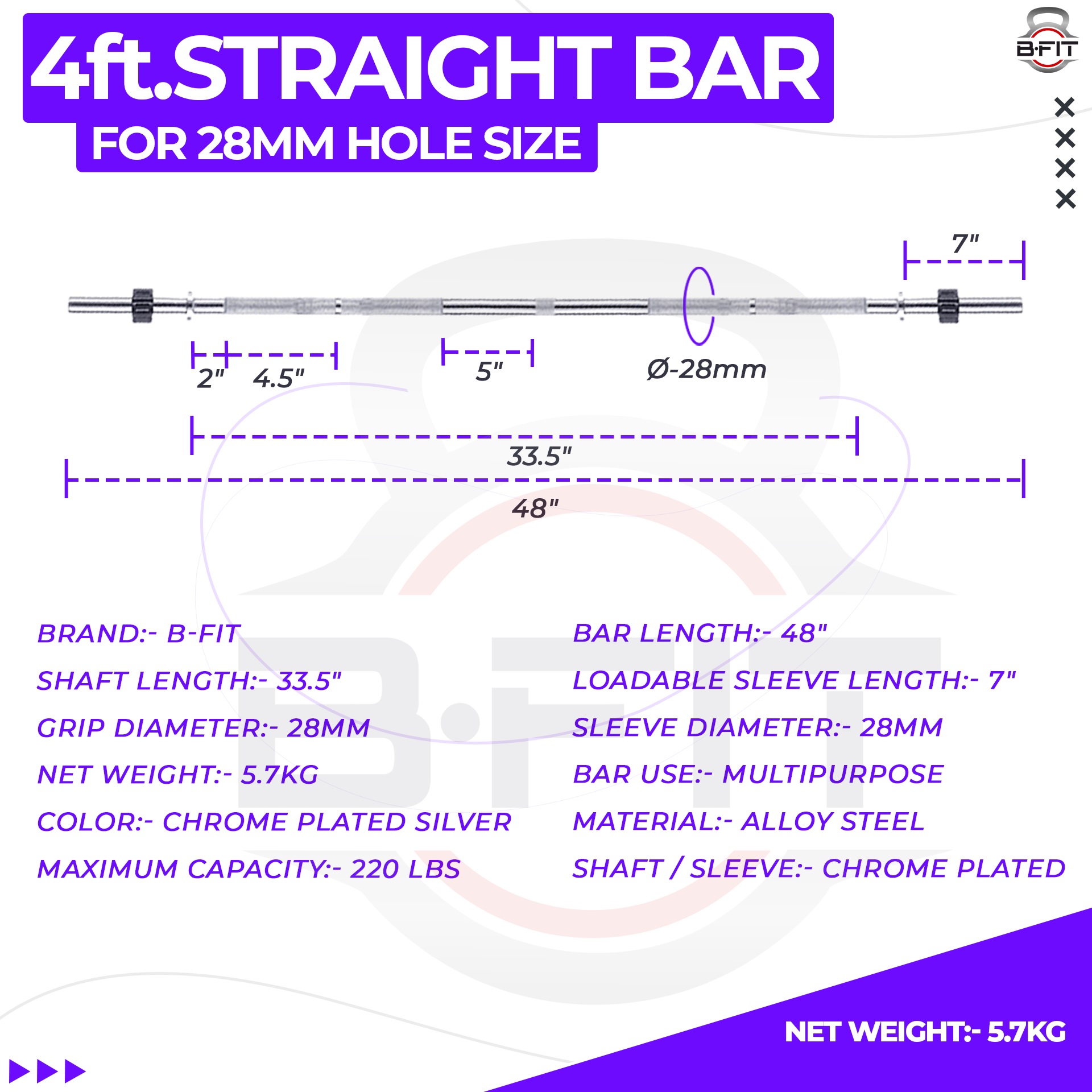 B Fit Weight Lifting Bar 4 Feet Dia 28 MM with Premium Collar pair