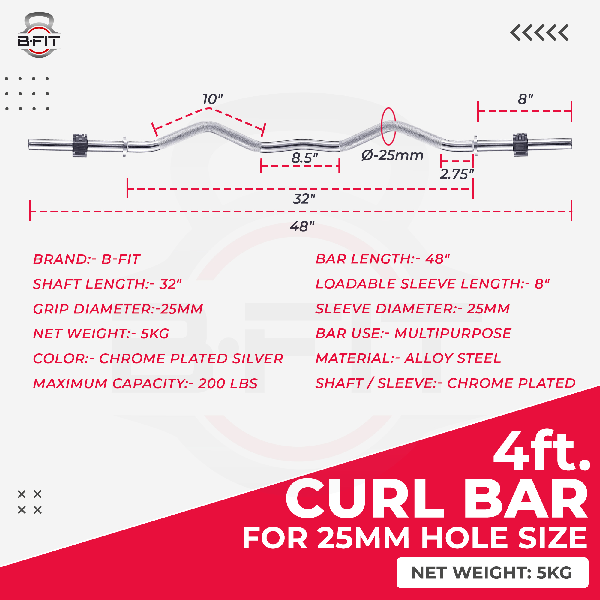 B Fit Weight Lifting EZ Curl Bar 4 Feet Dia 25 MM with Premium Collar pair