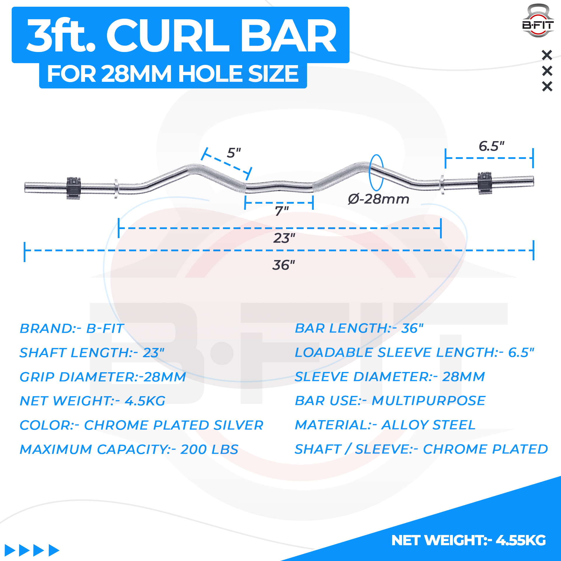B Fit Weight Lifting EZ Curl Bar 3 Feet Dia 28 MM with Premium Collar pair
