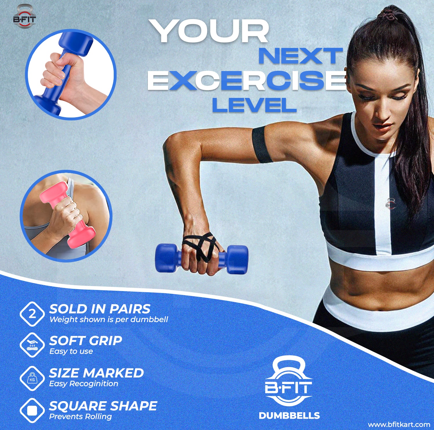 B fit Vinyl Square shape Dumbbell 2 Kg Pair Packing