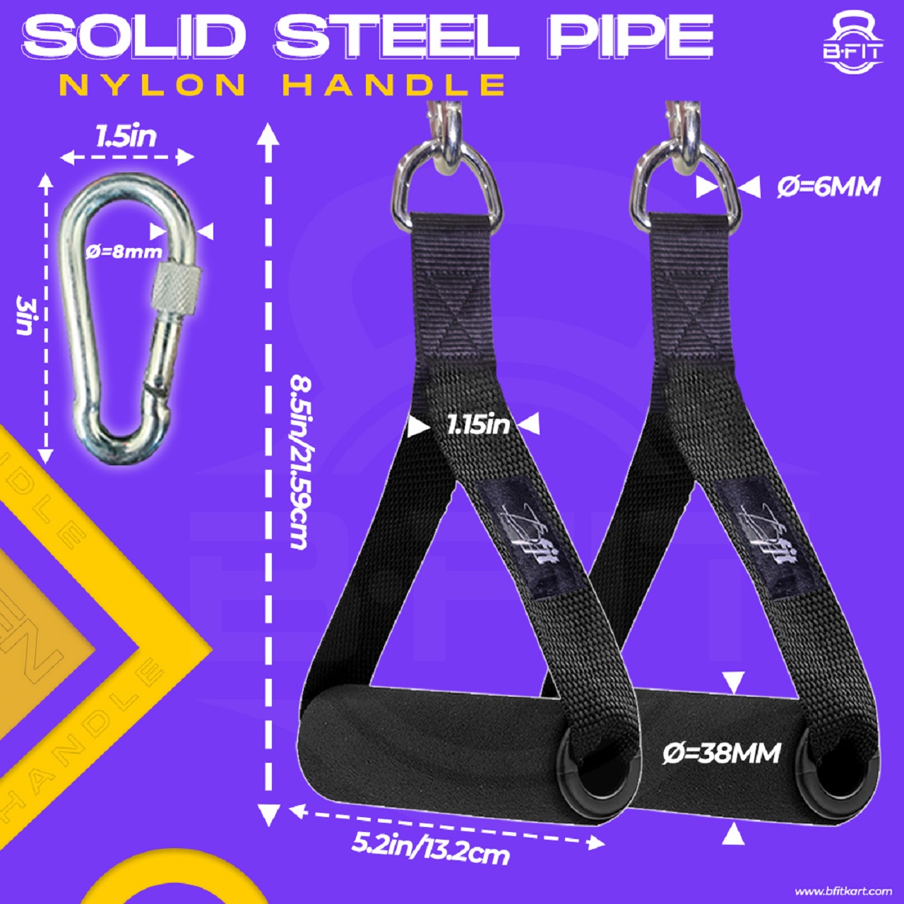 B Fit Heavy Duty Nylon Gym Handle with steel pipe and snap hooks 8MM Pair