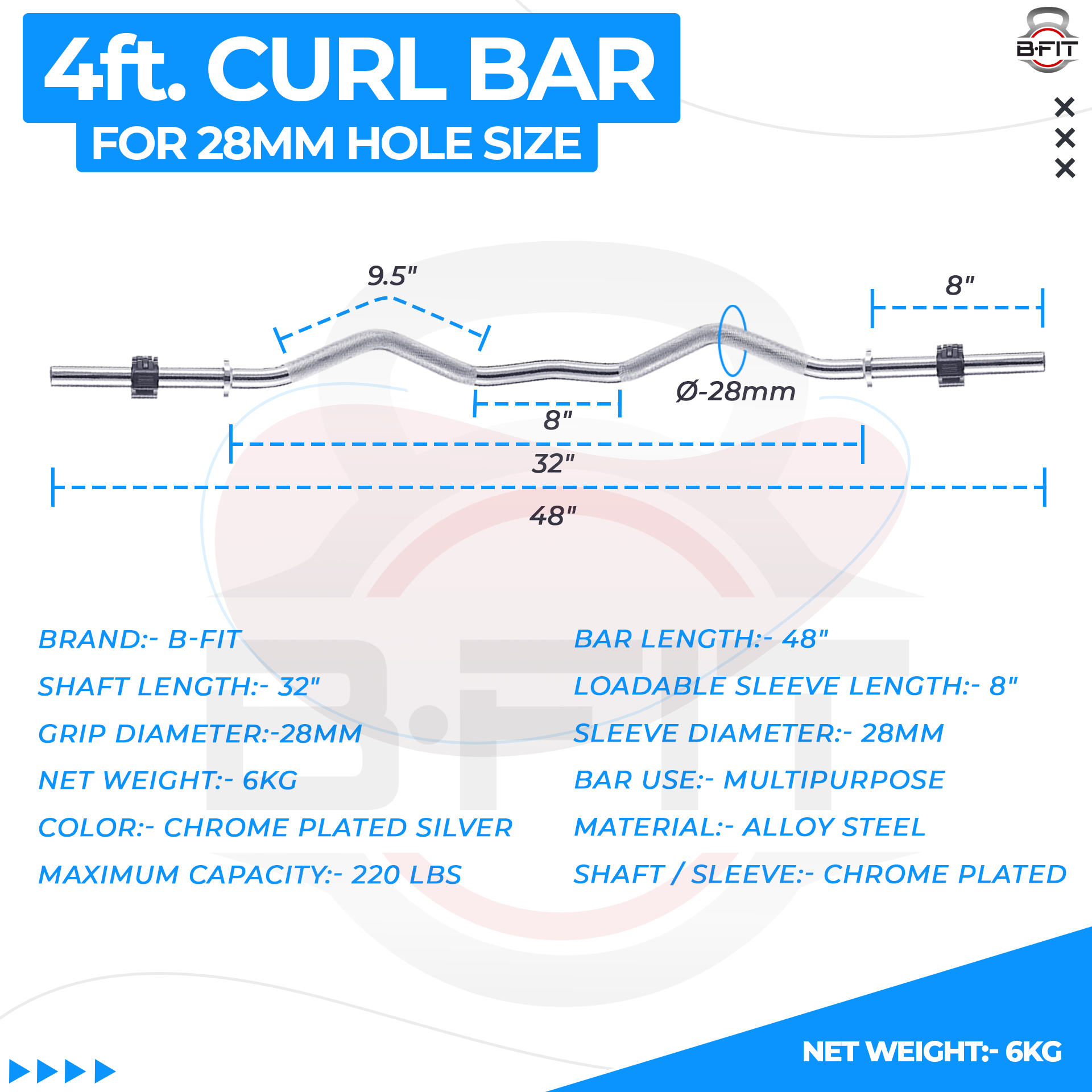 B Fit Weight Lifting EZ Curl Bar 4 Feet Dia 28 MM with Premium Collar pair