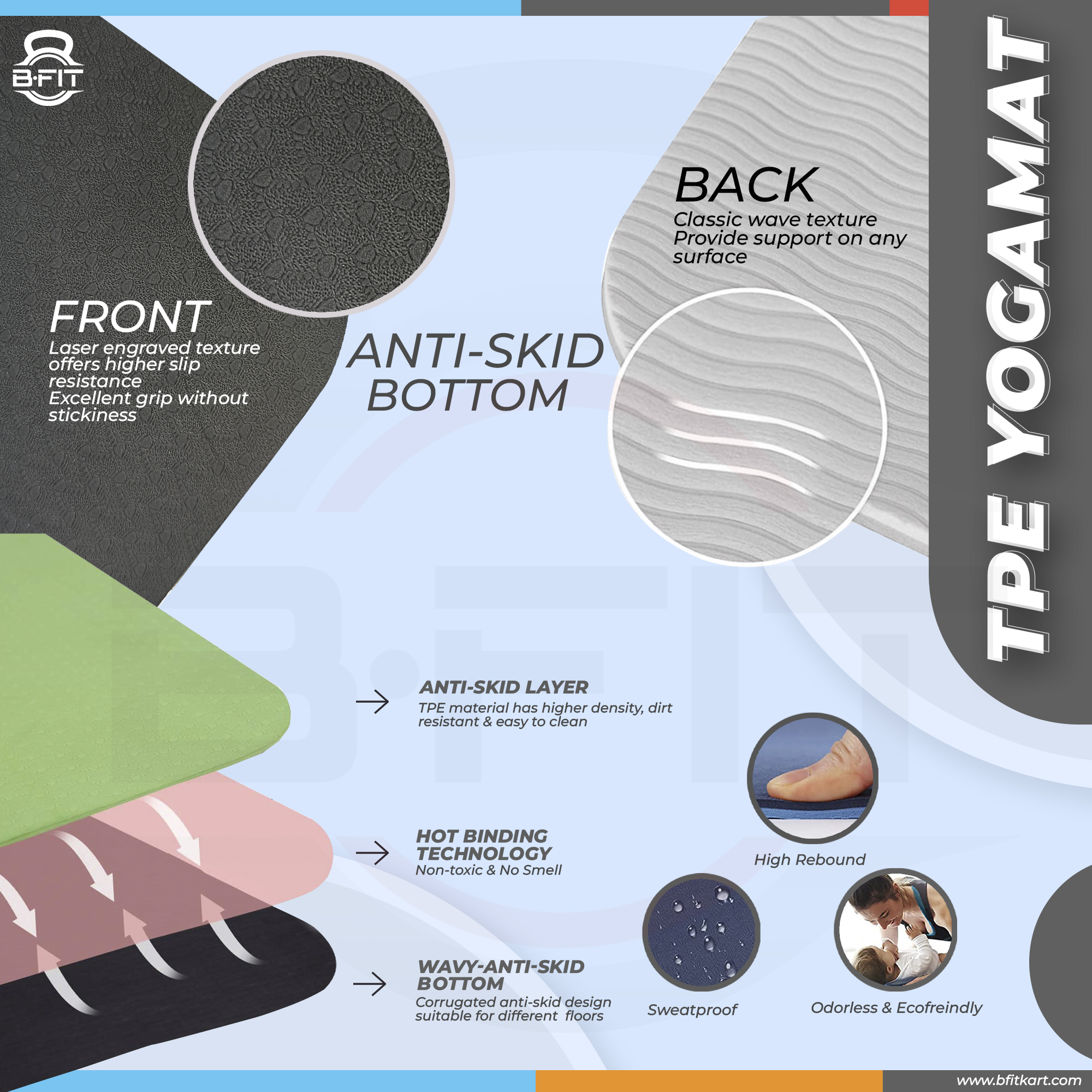 B Fit Premium TPE Yoga Mat Black Color - Classic 6 MM Pro Yoga Mat Eco Friendly Non Slip Fitness Exercise Mat with Smart Carry Bag-Workout Mat for Yoga Pilates and Floor Exercises