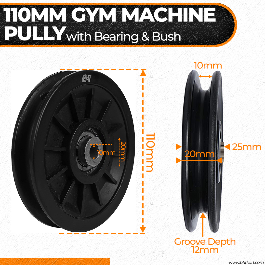 B Fit Gym Pulley 110 MM Black with inbuilt Bearing and Bush Wheel Cable Gym Fitness Equipment Part Set
