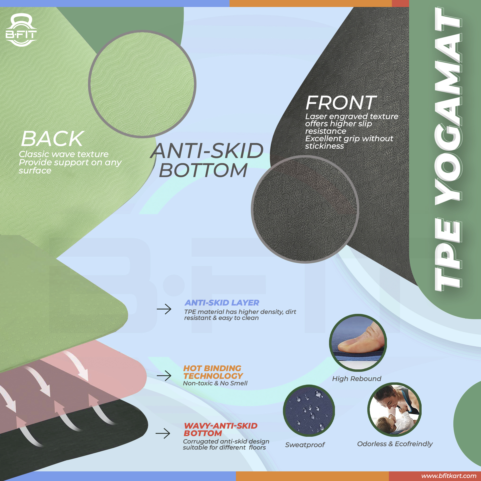 B Fit Premium TPE Yoga Mat Dark Green Color - Classic 6 MM Pro Yoga Mat Eco Friendly Non Slip Fitness Exercise Mat with Smart Carry Bag-Workout Mat for Yoga Pilates and Floor Exercises