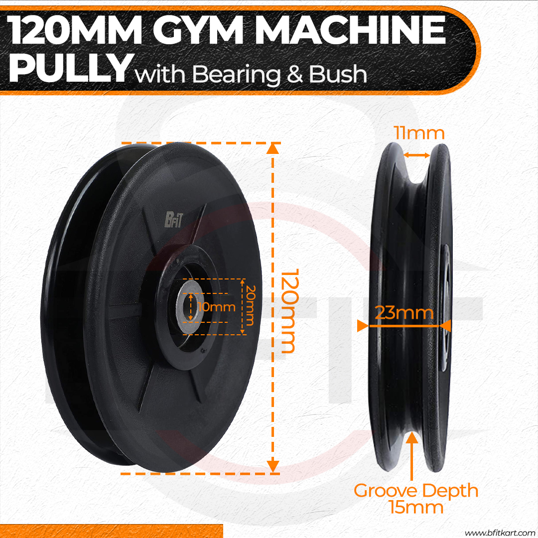B Fit Gym Pulley 120 MM Black with inbuilt Bearing and Bush Wheel Cable Gym Fitness Equipment Part Set