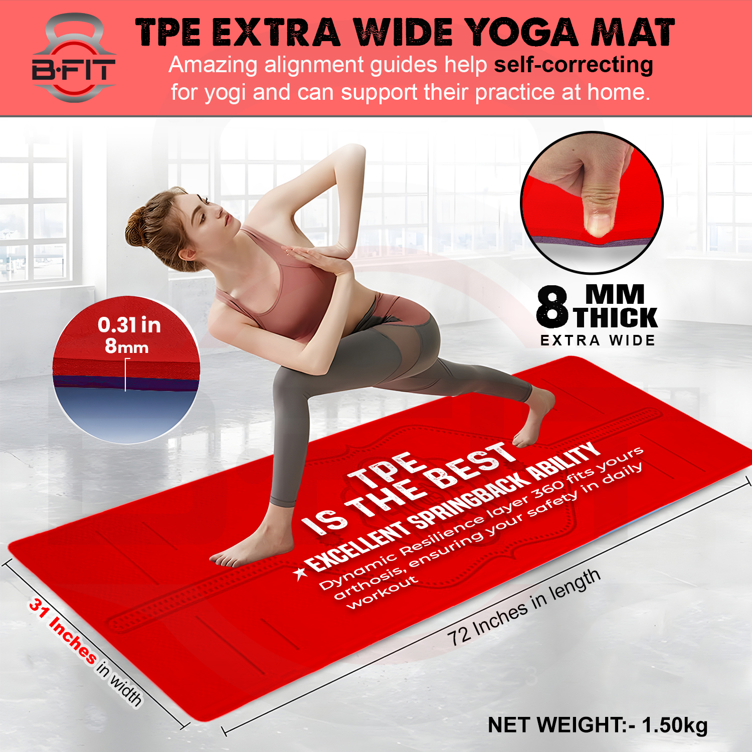 B Fit Extra Wide 31x72 Inch 8 MM Thick Premium TPE Yoga Mat with Alignment Printed Red Black Color - Classic Pro Yoga Mat Eco Friendly Non Slip Fitness Exercise Mat with Smart Carry Bag-Workout Mat for Yoga Pilates and Floor Exercises