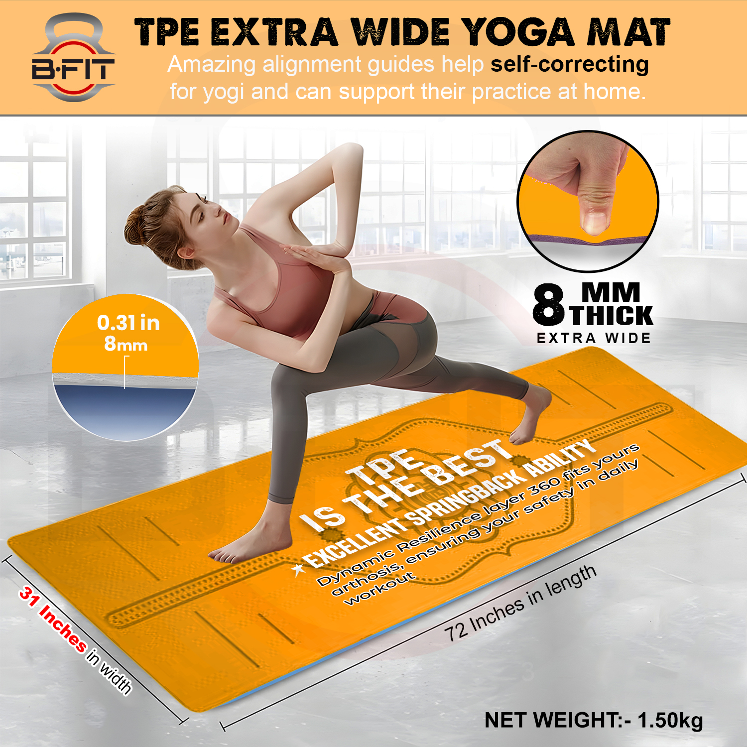 B Fit Extra Wide 31x72 Inch 8 MM Thick Premium TPE Yoga Mat with Alignment Printed Orange Black Color - Classic Pro Yoga Mat Eco Friendly Non Slip Fitness Exercise Mat with Smart Carry Bag-Workout Mat for Yoga Pilates and Floor Exercises