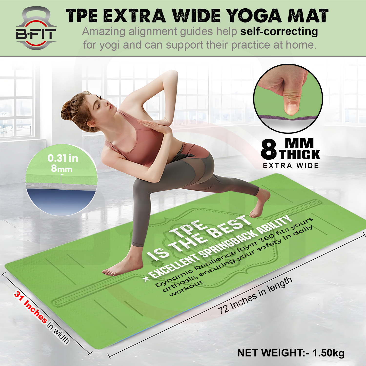 B Fit  Extra Wide 31x72 Inch 8 MM Thick Premium TPE Yoga Mat with Alignment Printed Green-Grey  Color   - Classic Pro Yoga Mat Eco Friendly Non Slip Fitness Exercise Mat with Smart Carry Bag-Workout Mat for Yoga Pilates and Floor Exercises