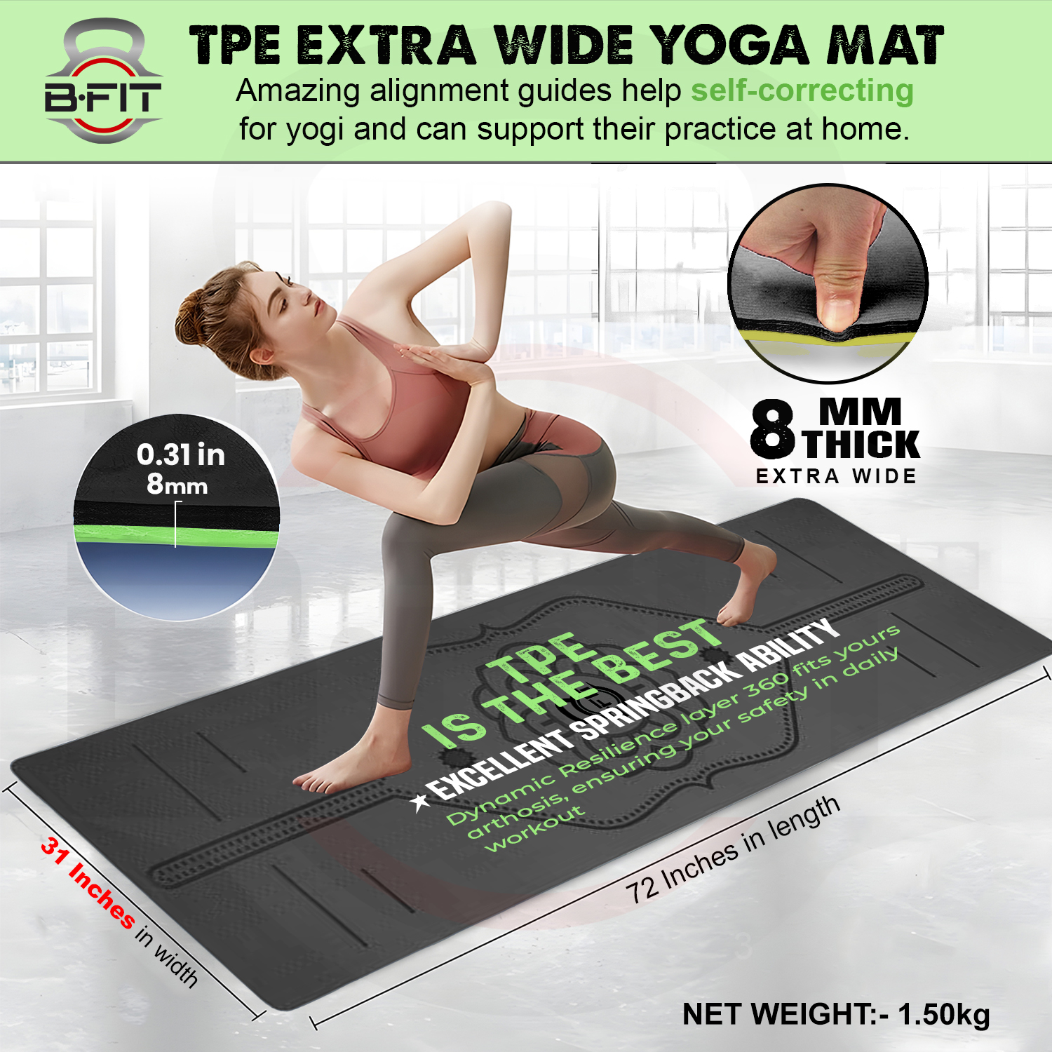 B Fit Extra Wide 31x72 Inch 8 MM Thick Premium TPE Yoga Mat with Alignment Printed Green-Black Color - Classic Pro Yoga Mat Eco Friendly Non Slip Fitness Exercise Mat with Smart Carry Bag-Workout Mat for Yoga Pilates and Floor Exercises