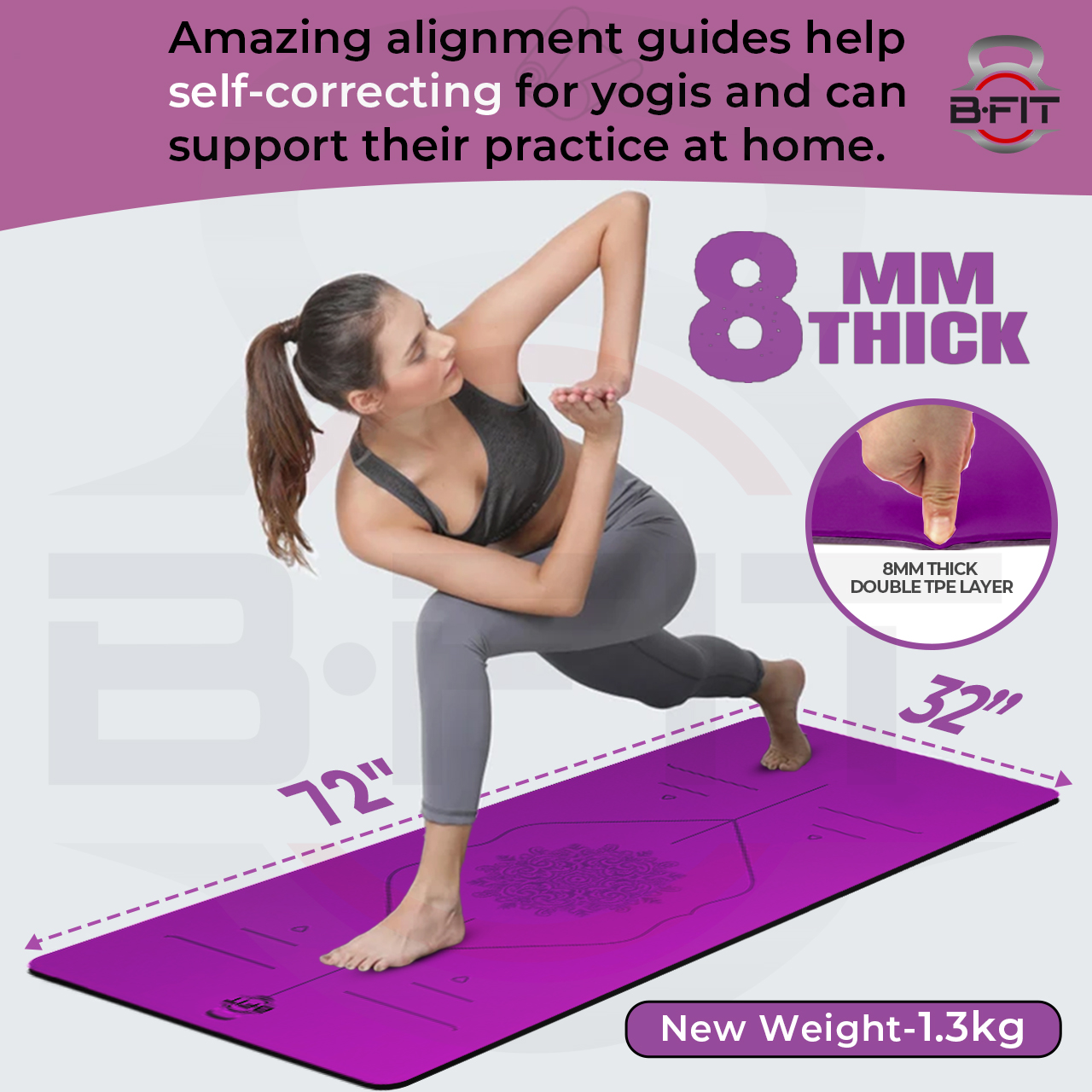 B Fit Extra Wide 31x72 Inch 8 MM Thick Premium TPE Yoga Mat with Alignment Printed Green-Black Color - Classic Pro Yoga Mat Eco Friendly Non Slip Fitness Exercise Mat with Smart Carry Bag-Workout Mat for Yoga Pilates and Floor Exercises