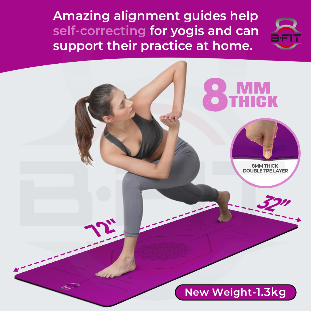 B Fit  Extra Wide 31x72 Inch 8 MM Thick Premium TPE Yoga Mat with Alignment Printed Green-Black  Color   - Classic Pro Yoga Mat Eco Friendly Non Slip Fitness Exercise Mat with Smart Carry Bag-Workout Mat for Yoga Pilates and Floor Exercises