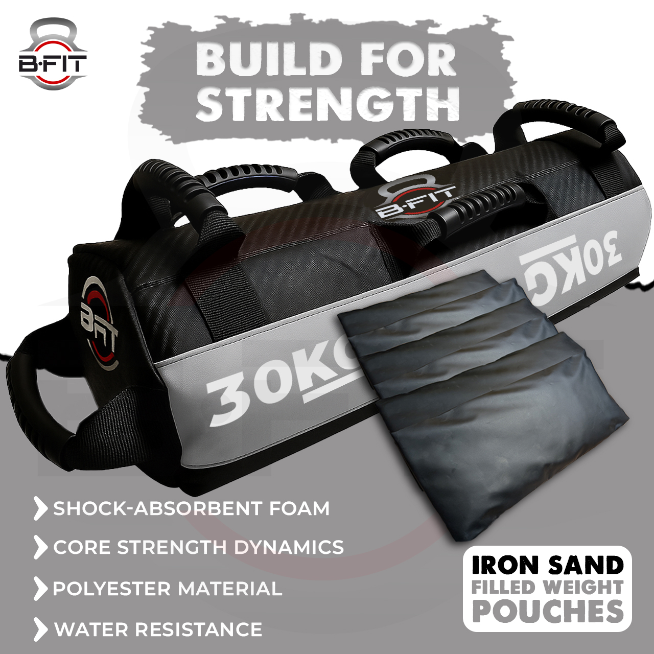 B Fit Sandbag for Fitness Weights Training filled Power Bags with Handles Adjustable Weighted Slam Bag for Strength Powerlifting Running Heavy Workout Home Gym Exercise 30 Kg