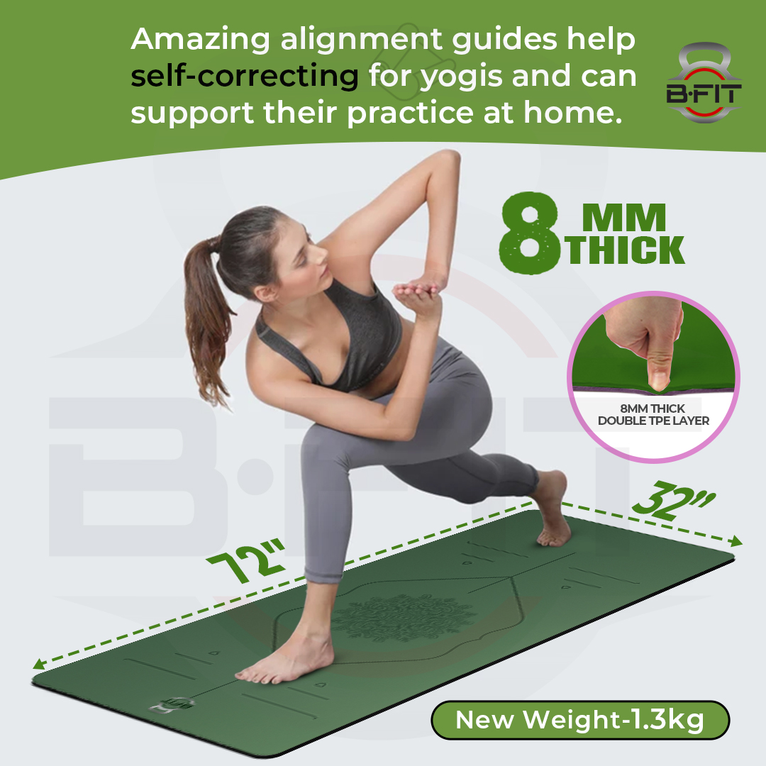 B Fit Extra Wide 31x72 Inch 8 MM Thick Premium TPE Yoga Mat with Alignment Printed Green-Black Color - Classic Pro Yoga Mat Eco Friendly Non Slip Fitness Exercise Mat with Smart Carry Bag-Workout Mat for Yoga Pilates and Floor Exercises