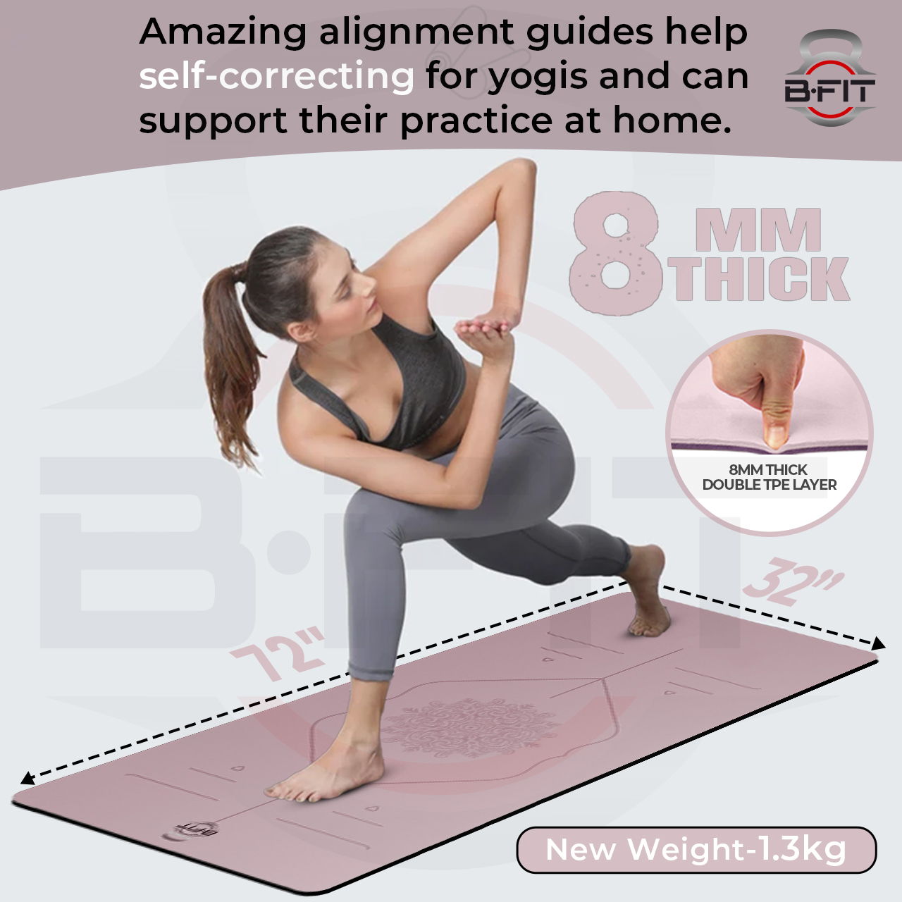 B Fit Extra Wide 31x72 Inch 8 MM Thick Premium TPE Yoga Mat with Alignment Printed Green-Black Color - Classic Pro Yoga Mat Eco Friendly Non Slip Fitness Exercise Mat with Smart Carry Bag-Workout Mat for Yoga Pilates and Floor Exercises