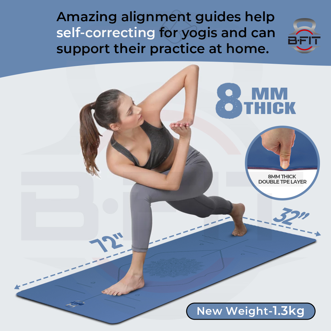 B Fit Extra Wide 31x72 Inch 8 MM Thick Premium TPE Yoga Mat with Alignment Printed Green-Black Color - Classic Pro Yoga Mat Eco Friendly Non Slip Fitness Exercise Mat with Smart Carry Bag-Workout Mat for Yoga Pilates and Floor Exercises