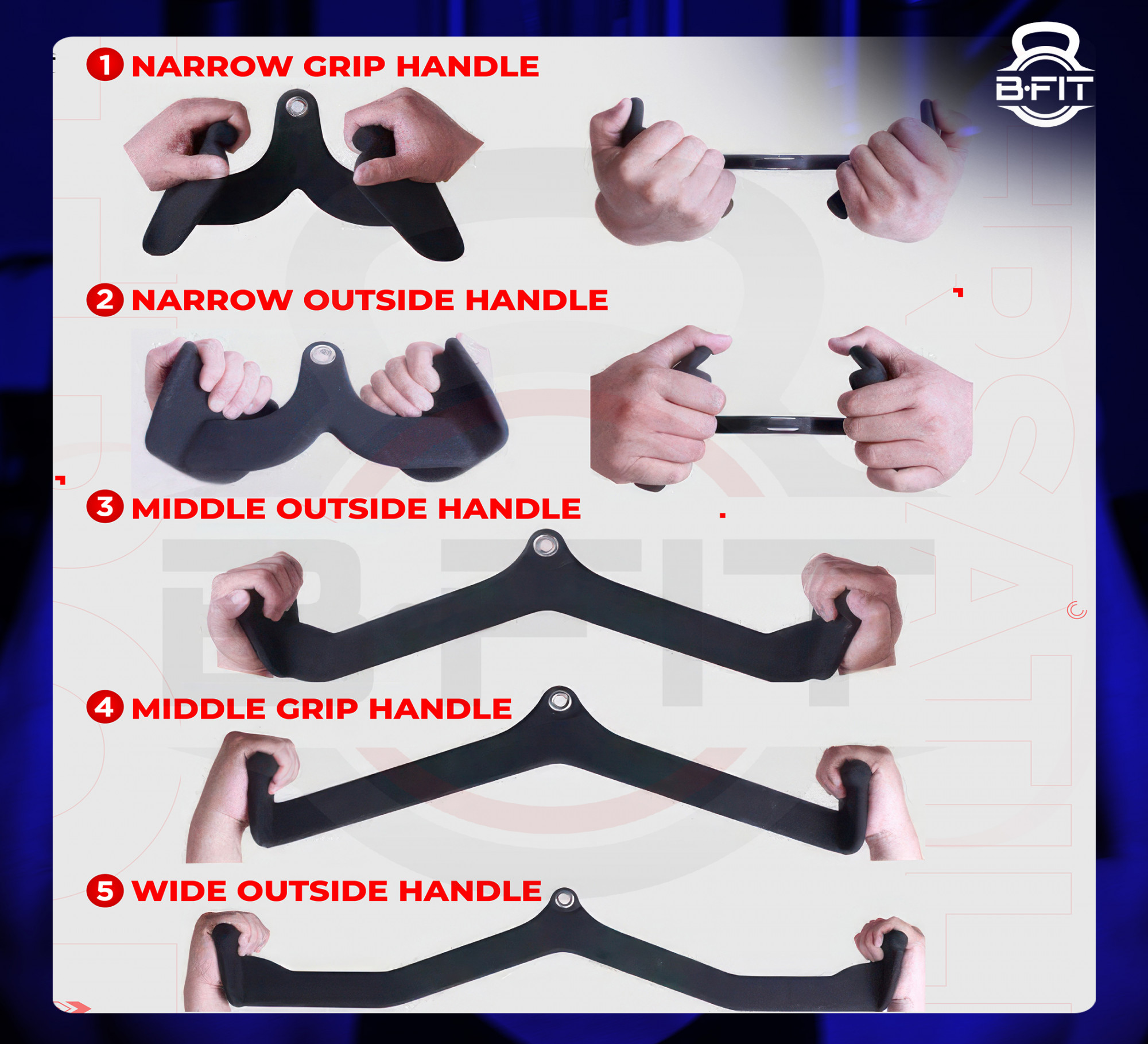B Fit Mag Grip Set of 5 LAT Pull Down Bar for Cable Machine LAT Pulldown Attachments T Bar V Bar Cable Attachment Back Tricep Bar Strength Training Handle